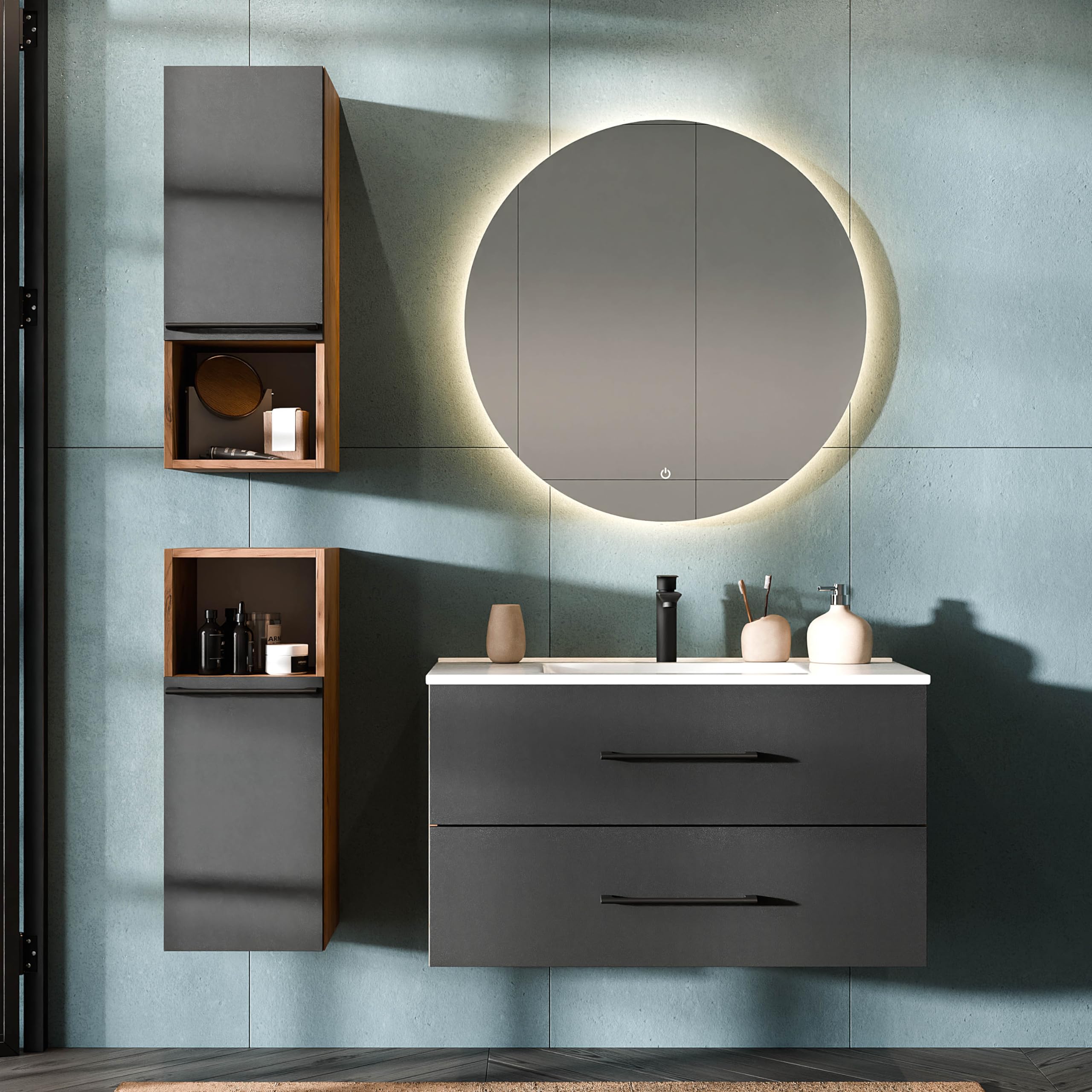 Ensemble Meuble Salle De Bain 90 Cm Avec Lavabo, Miroir LED 80 Cm, 2 Armoires - Chêne Doré/anthracite - Qualité Luxe