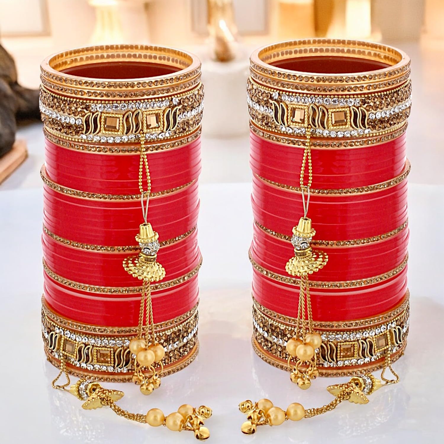 Lucky Jewellery Bridal Bangle Set Dhanteras/Diwali/Bhai Dooj Collection Wedding Punjabi chuda Designer chura CZ Stone Red Color choora Set for Women (792-M1C1-745-R24)