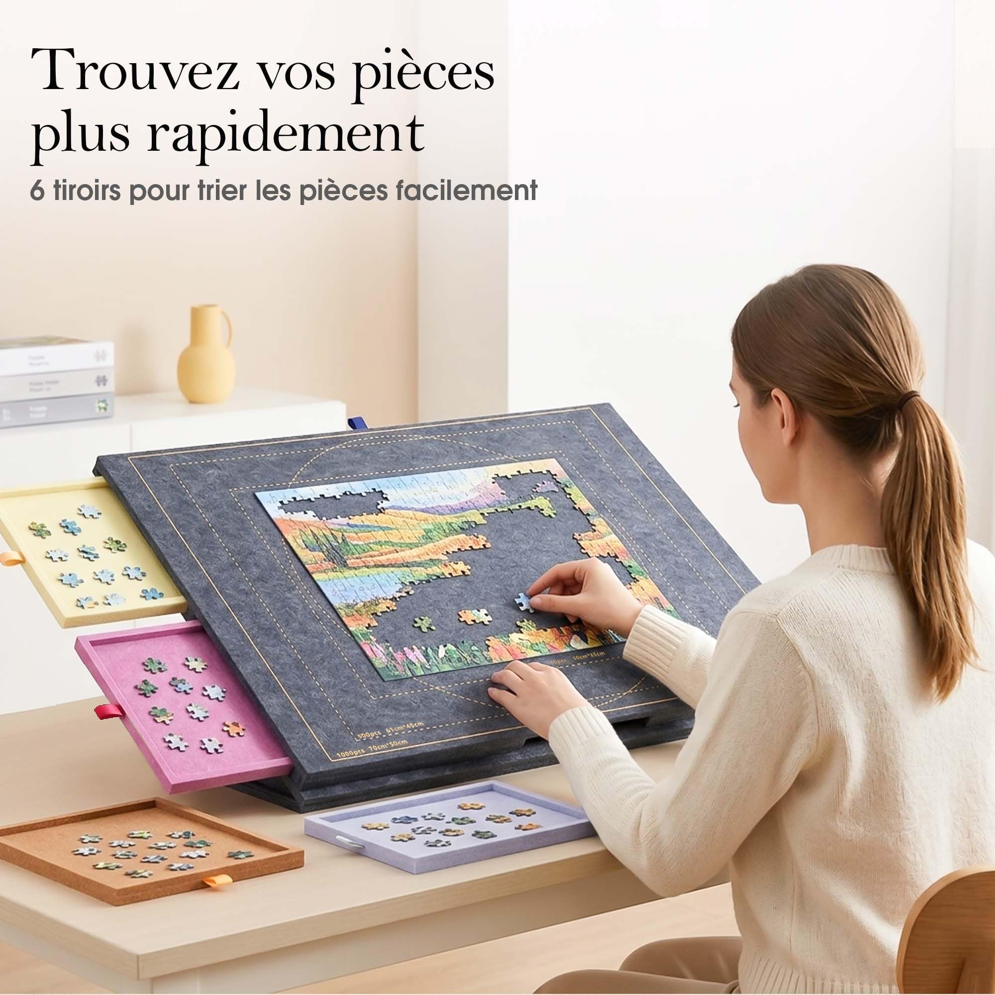 Plateau Puzzle Inclinable pour Adultes – Table Puzzle avec 6 Tiroirs de Tri, Repères 500/1000 pièces, Surface en Feutre Stable
