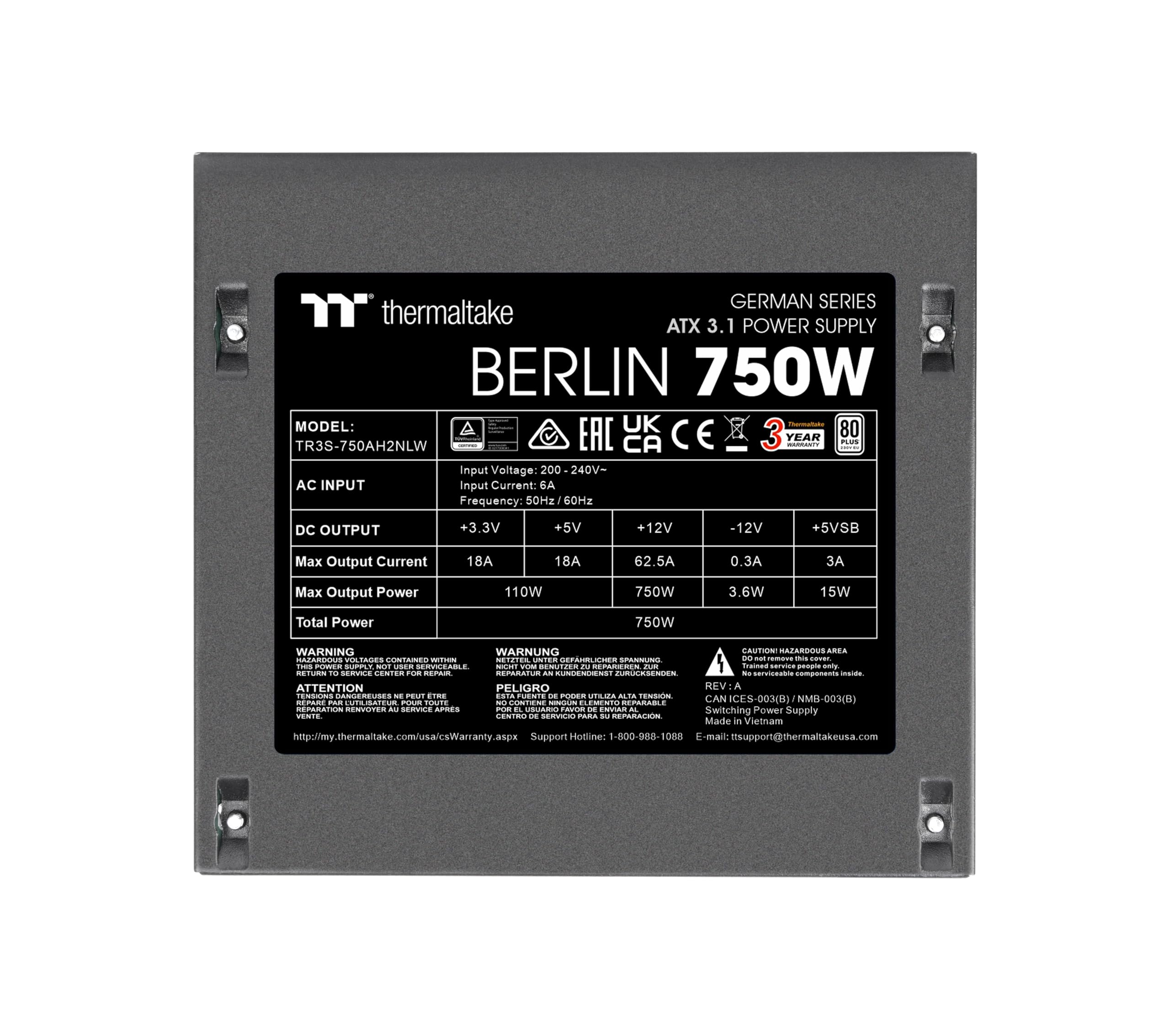 Thermaltake Berlin 750W Netzteil | ATX 3.1 | 12V-2 * 6 Pin | 80Plus Weiß Zertifiziert | geräuscharmer Betrieb | German Series