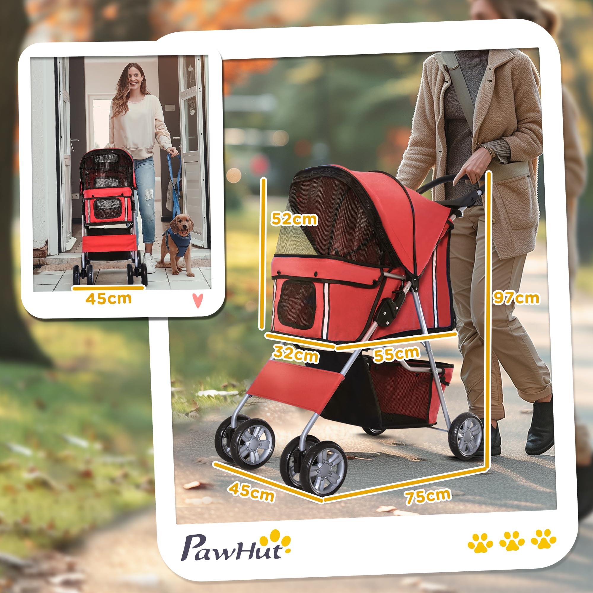 PawHut Passeggino per Cani Carrello per Animali Domestici Carrello Carrozzina 75 x 45 x 97cm Rosso