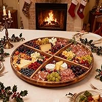 Vista 8 de Utoplike Extra Large Acacia Wood Serving Tray, 23.6'' Round Charcuterie board, Cheese board with Rotating Base Raised Edge and Removable Dividers