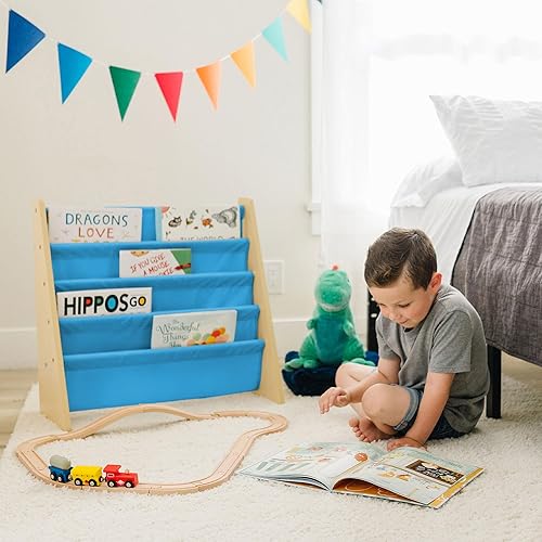 Miniatura 50 de Wildkin Estantería de madera para niños, diseño de lona premium con 4 estantes de tela, organizador para el hogar o el aula, natural con aguamarina
