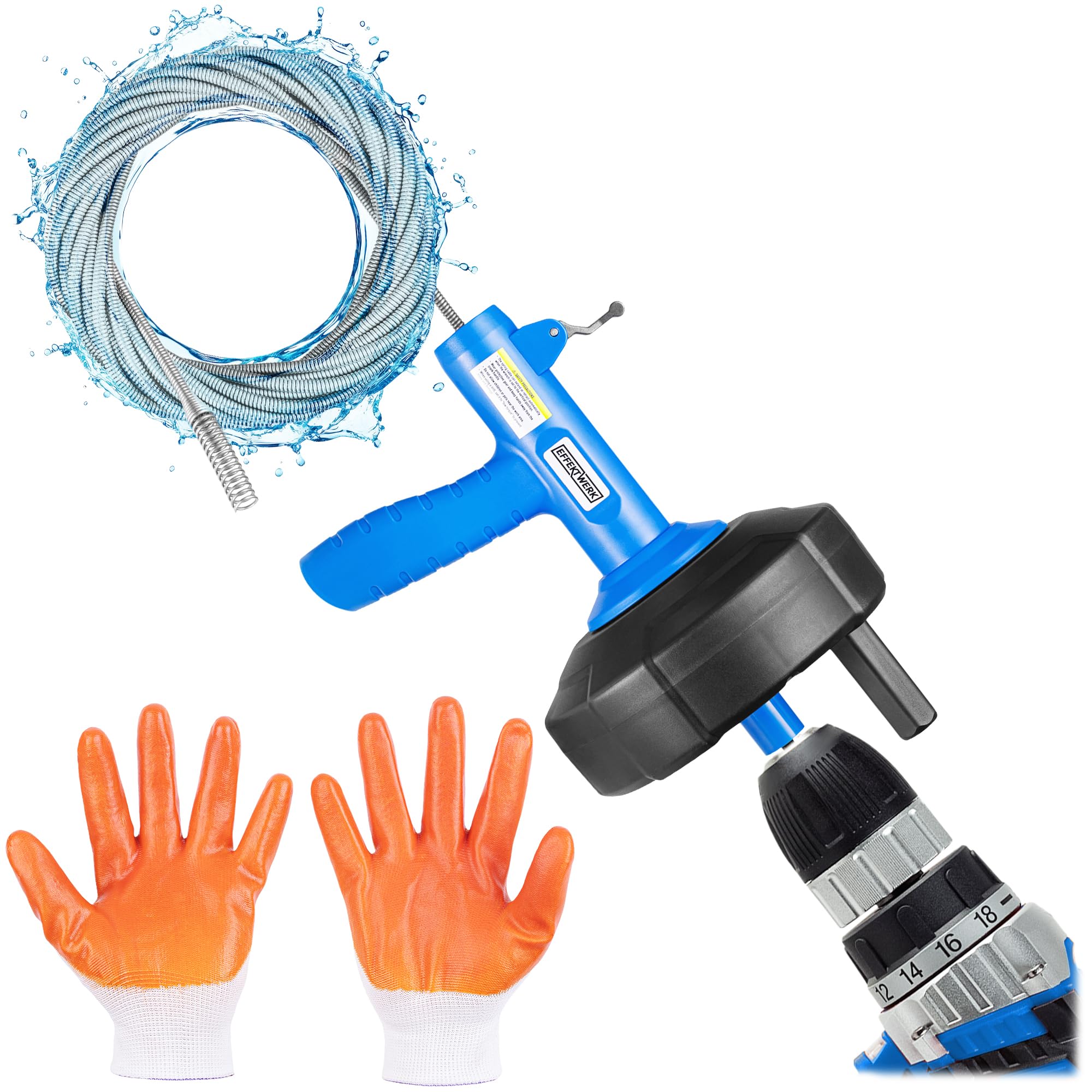 Drain Auger Drill Attachment with 7.6 m Plumbing Snake, Gloves, and Storage Bag - Pipe Clog Remover for Bathtub, Bathroom/Kitchen Sink and Shower Drains