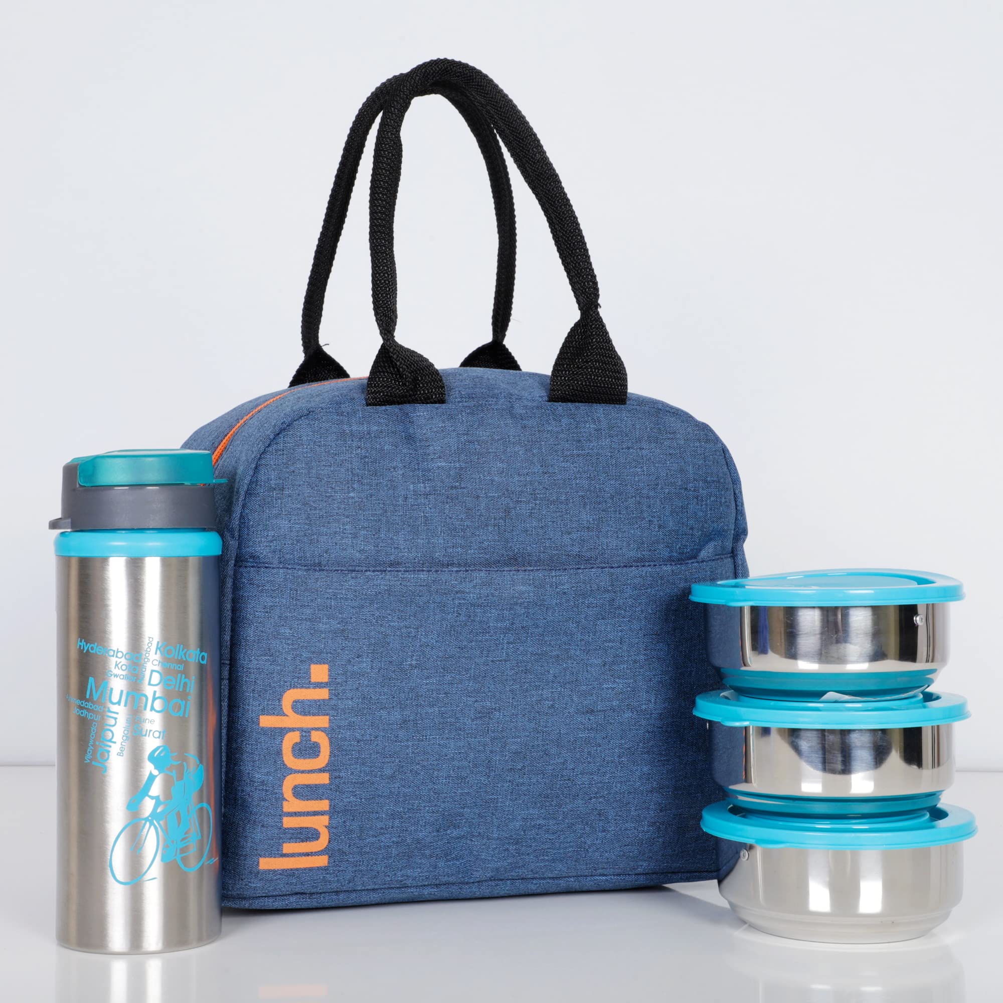 5 in 1 Stainless Steel Lunch Box with Sprint Water Bottle and Insulated Fabric Bag (Leak Proof) Combo Pack for School,College,Office,Travel,Picnic,Dayout (Navy Blue)