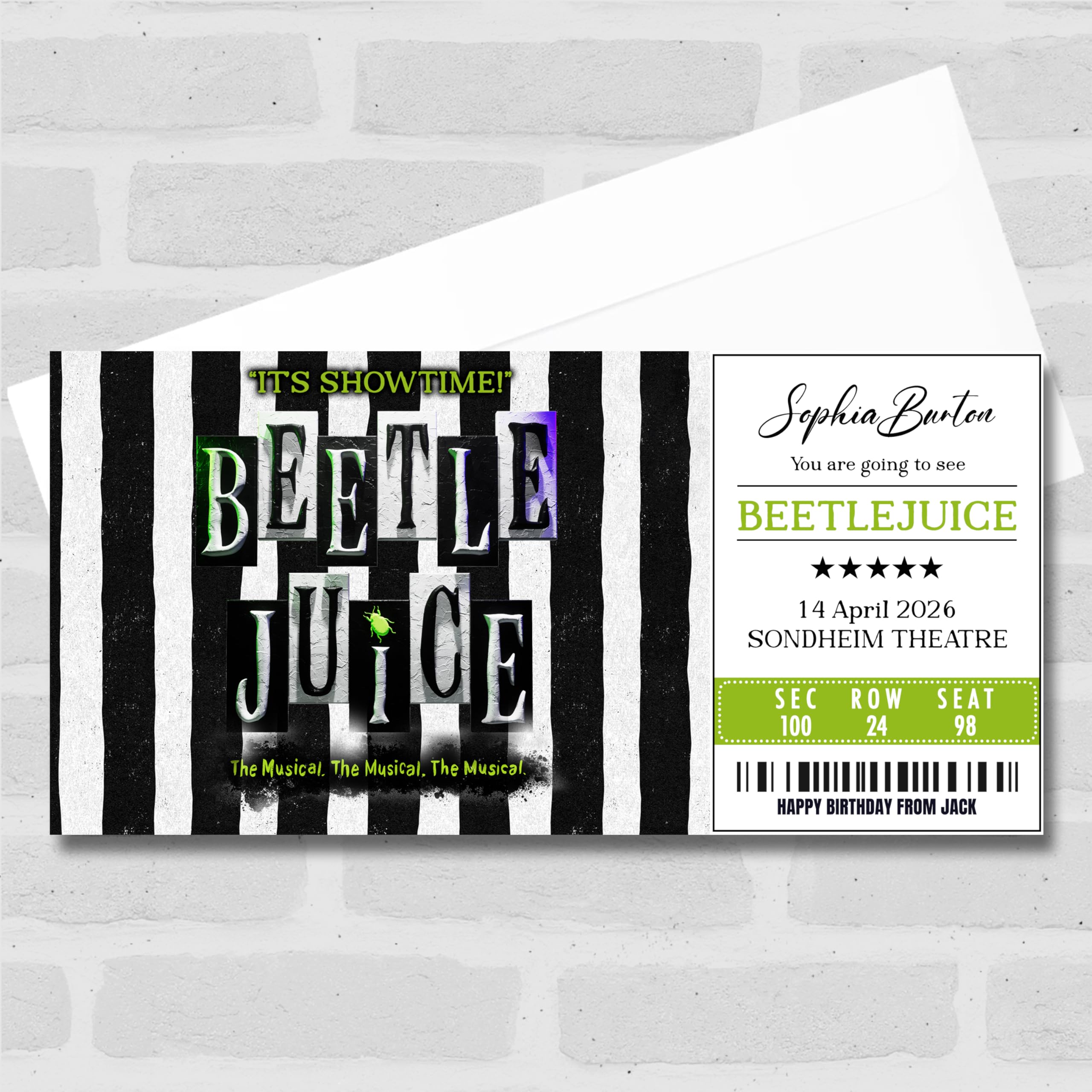 Greetings Card - Beetlejuice Personalised Gift Voucher Surprise Theatre Ticket | Custom Greetings Card | Surprise Reveal Voucher Spoof Ticket