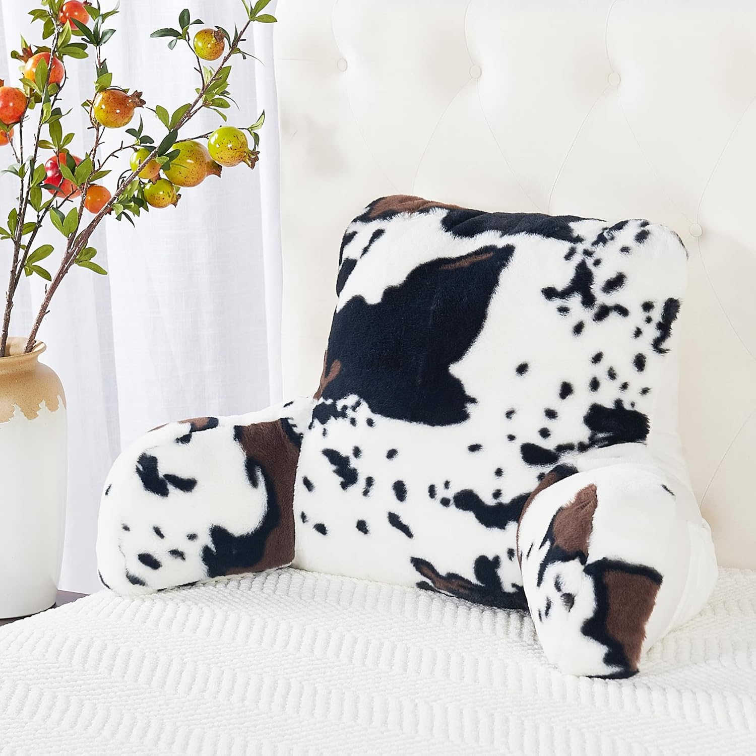 DIY Assembly Animal Print Faux Fur Plush Backrest Reading Bed Rest Pillow with Arms & Pockets for Sitting in Bed Couch Sofa, Back Support Cushion with Removable Cover, 20"x18"x17", Cow