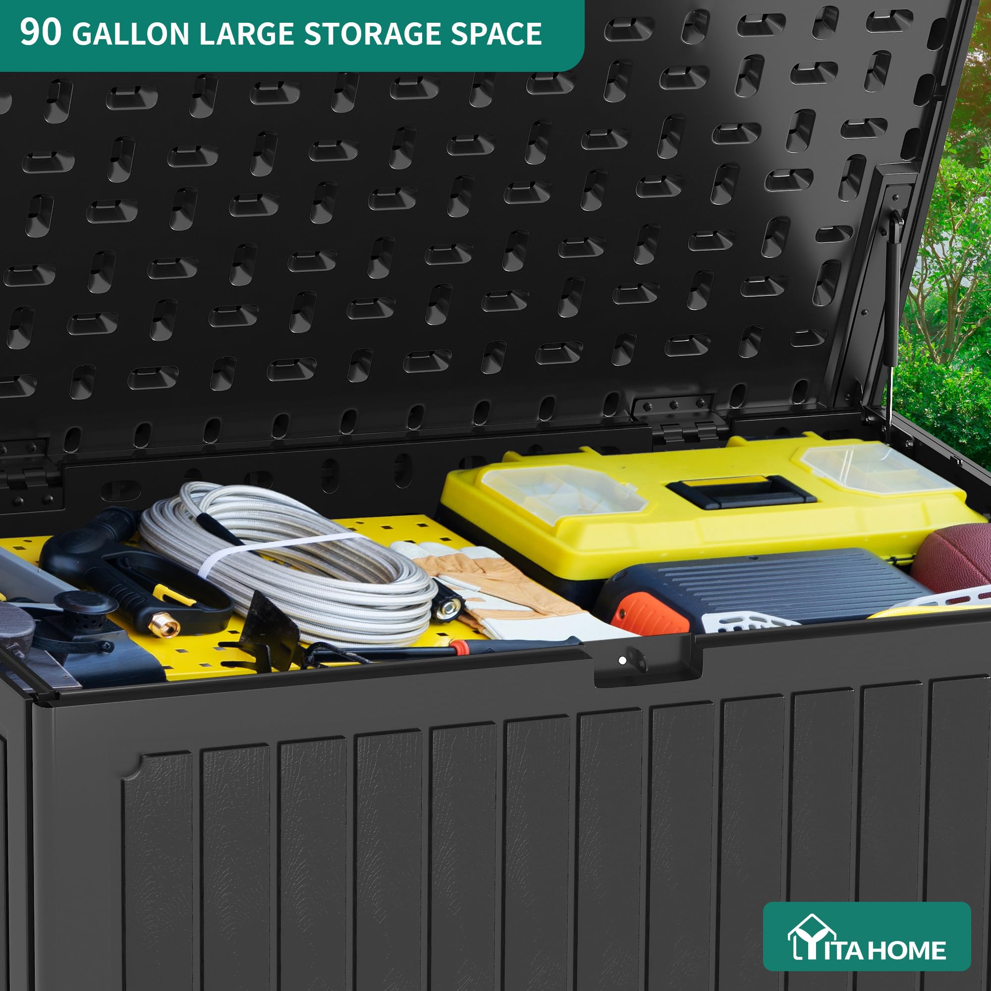 YITAHOME Scatola portaoggetti da giardino 303L, in resina HDPE, con coperchio bloccabile e maniglie laterali, panca portaoggetti impermeabile per mobili da patio, cuscini, attrezzi da piscina e