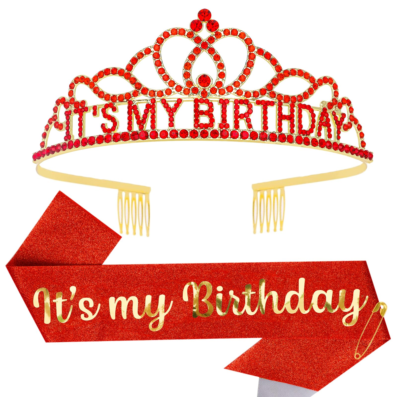 Araluky Red Birthday Crown - Glitter Its My Birthday Sash, Tiara & Hat for Parties & Decorations