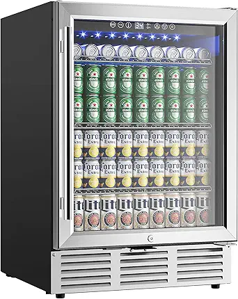 EUHOMY 24 Inch Beverage Refrigerator, 180 Can Built-in Beverage Cooler, Under Counter Beer Fridge with Glass Door for Soda, Water, Wine - For Kitchen, Bar or Office