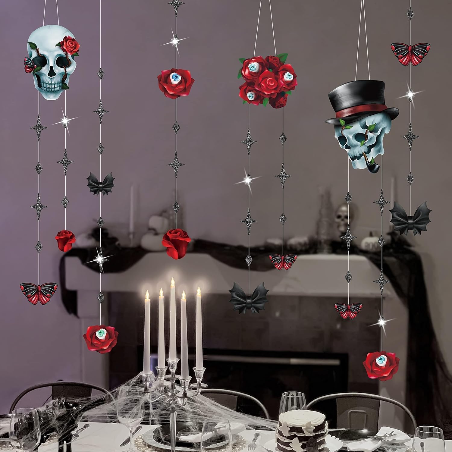 Cheerland Skull Rose Halloween Decorations Red Rose Skull Garlands Gothic Party Decorations Hanging Skeleton Streamers Witchy Decor Gothic Birthday Decoration Spooky Red Black Skull Banner Supplies - Image 8