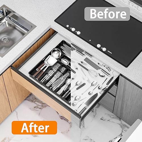 Miniatura 4 de Organizador de cajones de cubiertos, bandeja de utensilios expandible para cajones de cocina, sin BPA, soporte de cubiertos y cubiertos,