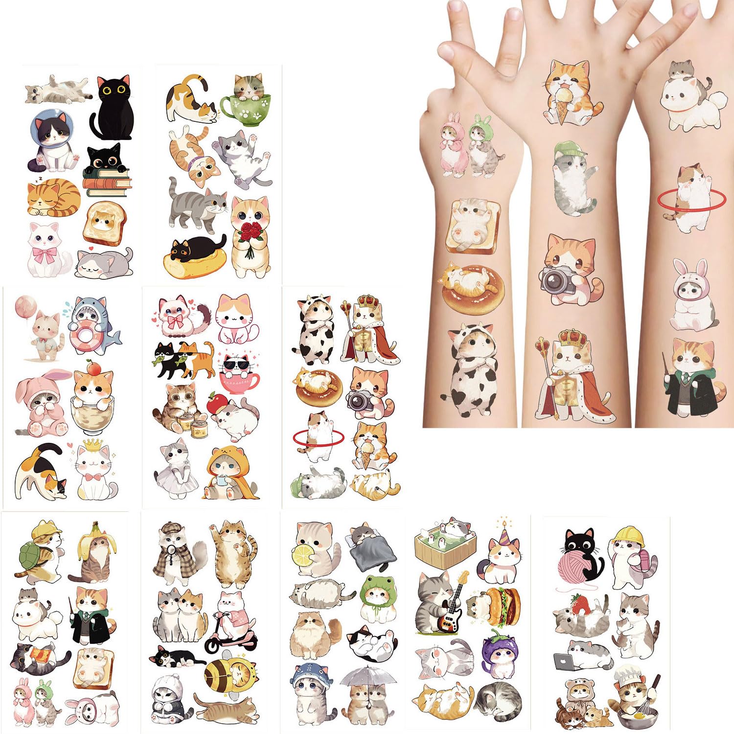 10 Sheets Cat Tattoos,Cute Funny Cat Cartoon Temporary Tattoo,Waterproof Animal Fake Tattoo Stickers,Kitty Birthday Decorations Party Supplies Favors Gifts (Color 02)-picture-38