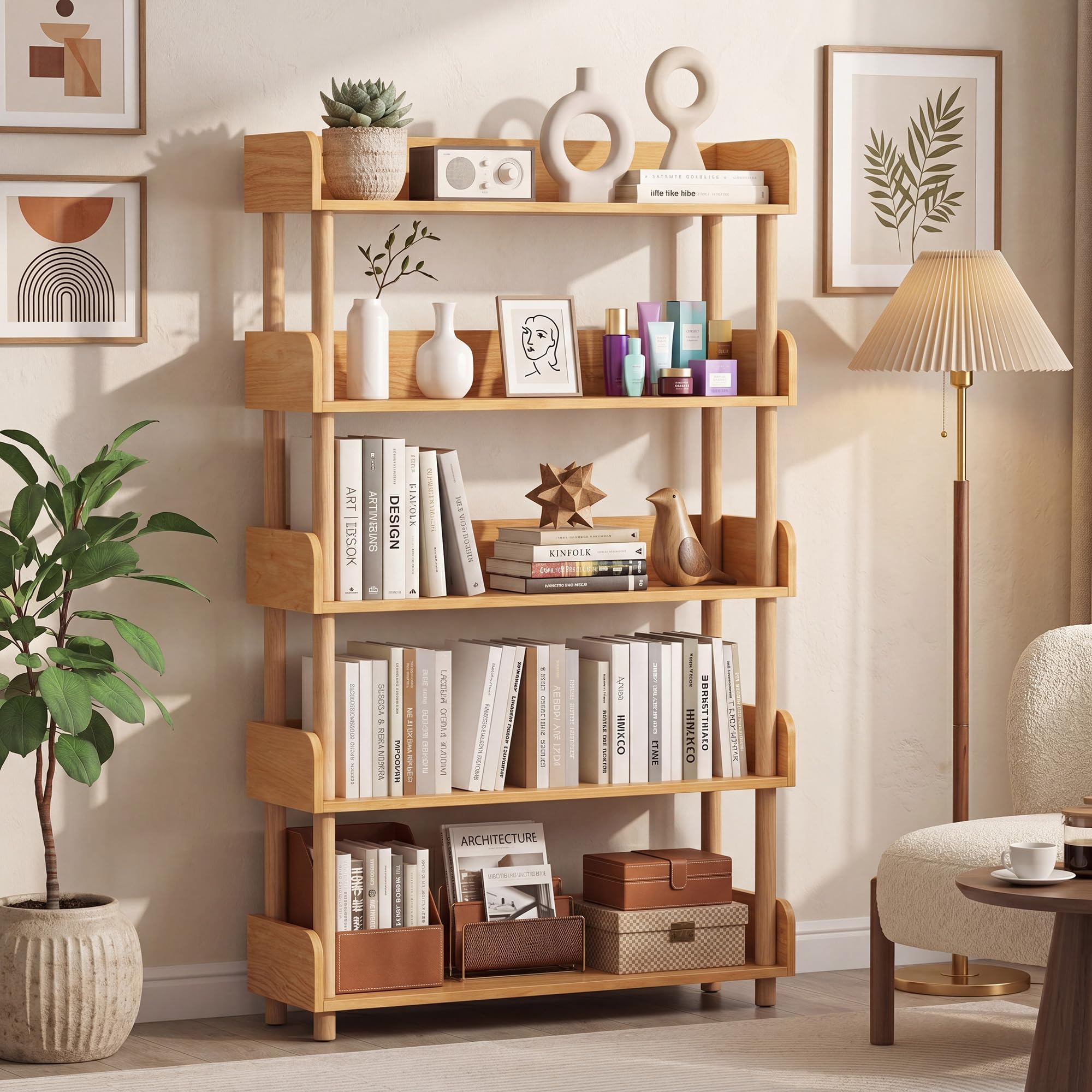 GIANTEX Bücherregal, Standregal mit 3 offenen Ebenen, stehendes Küchenregal mit Pfosten aus Kiefernholz, Holzregal mit erhöhten Schutzplatten für Wohnzimmer, Arbeitszimmer & Küche, Natur (5)