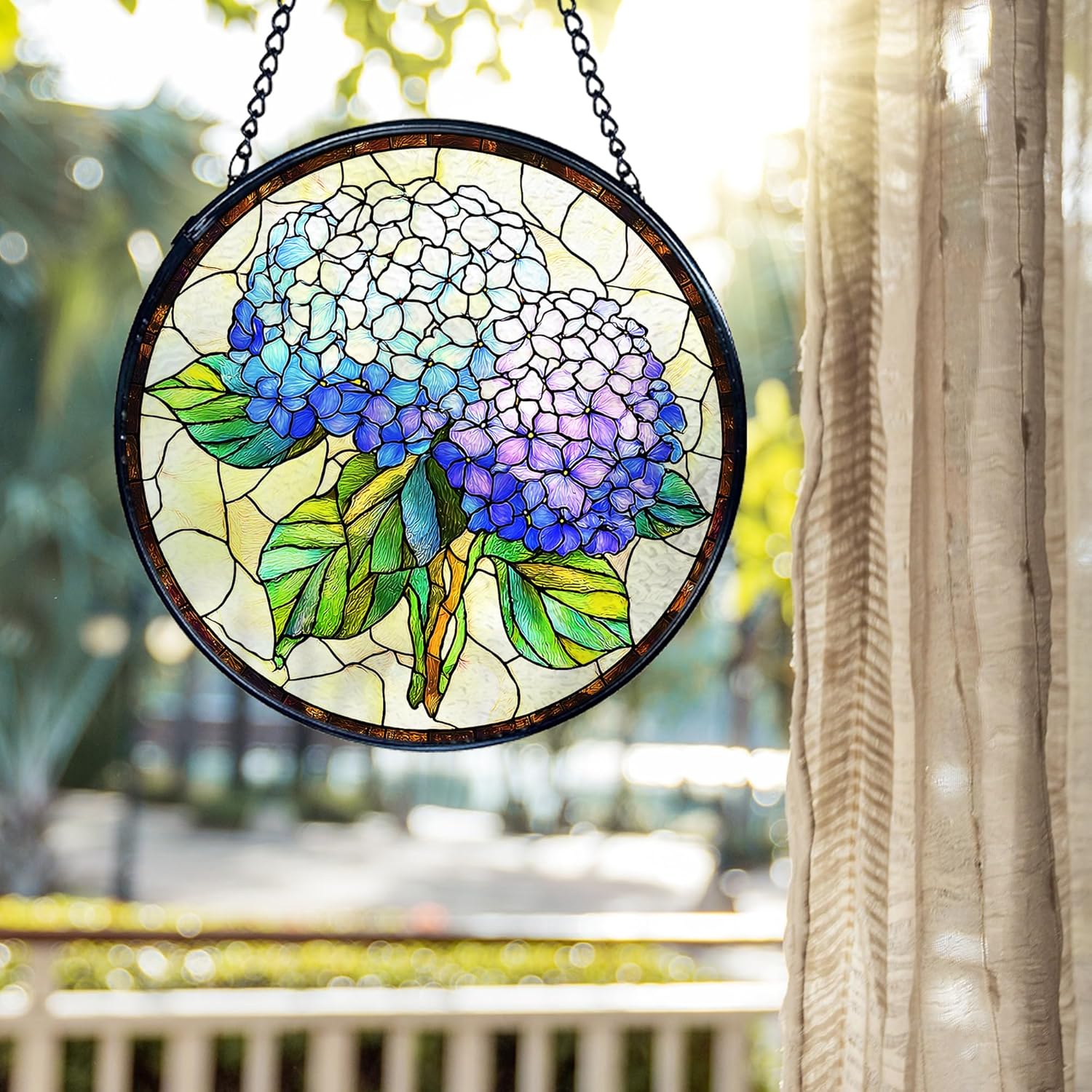 kdqua Hydrangea Flower Suncatcher Stained Glass Window Hanging, Blue Hydrangea Sun Catchers Indoor Window Glass Round Wall Decor, Floral Wall Art Hanging Decorations Statues, 7.9x7.9in