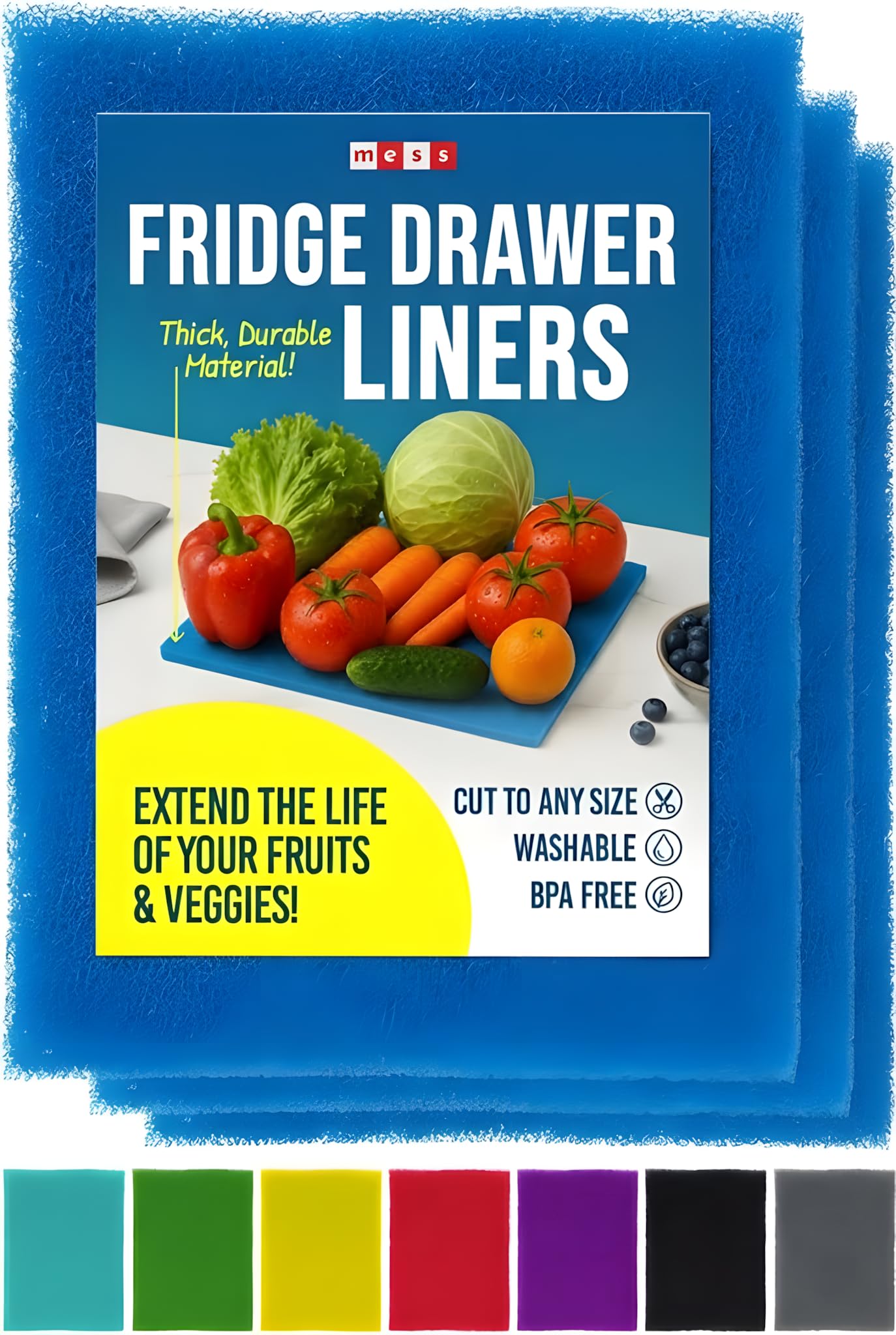 2X The Life of Your Produce - Refrigerator Drawer Liners & Bin Mats - Anti-Bruise Crisper Liners - Fridge Mats for Fruits & Vegetables - Washable Cut-to-Size - 3 Mats 15x12 - BPA Free - Blue