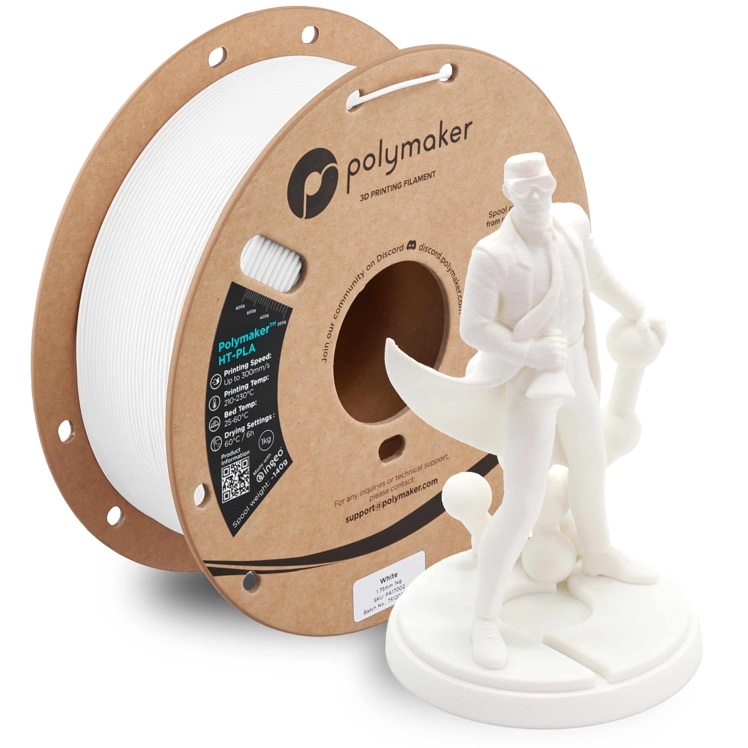 Polymaker HT-PLA Filament 1.75mm White, High Temp PLA for 3D Printing, Heat Stable Up to 130°C, Easy to Print, Works with Most FDM Printers, 1kg Spool