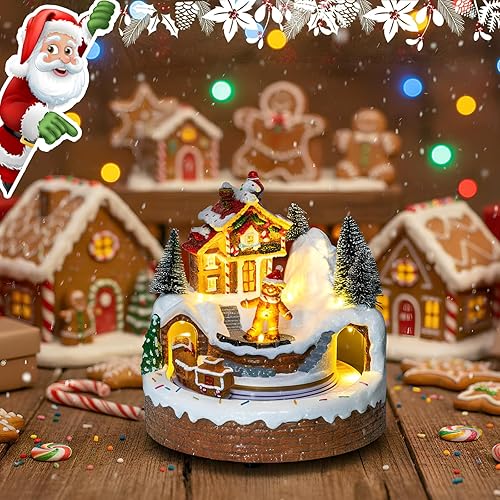 Miniatura 7 de MXwcy Casa de pan de jengibre animada de pueblo de Navidad, figura musical iluminada con tren móvil, estatua coleccionable de vacaciones, decoración