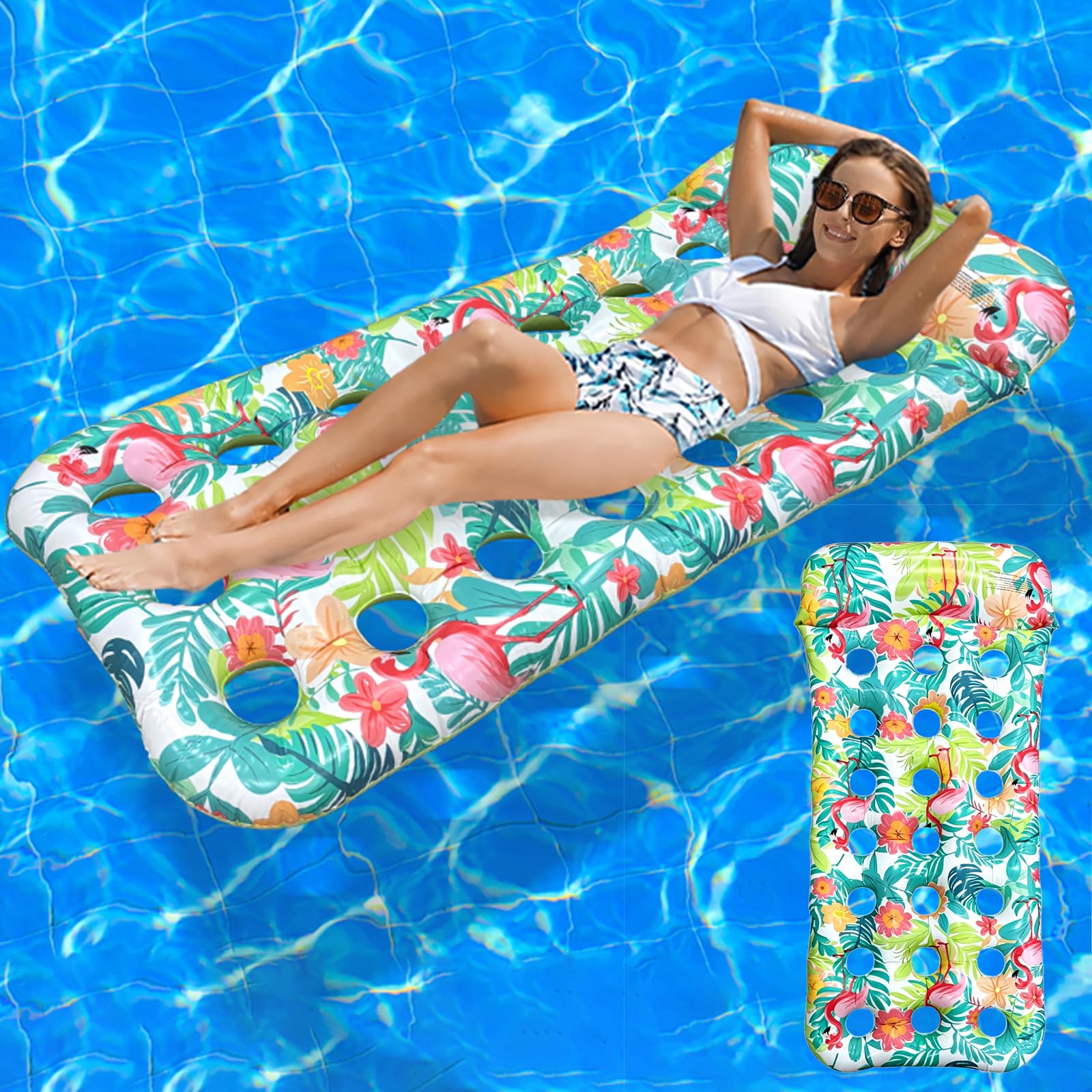 Libomzee Pool Floats Adult, Inflatable Pool Float with Headrest and Water Flow Hole, Pool Tanning Bed Floats Lounger, Flamingo Pool Raft Chair for Swimming Beach Lake Backyard