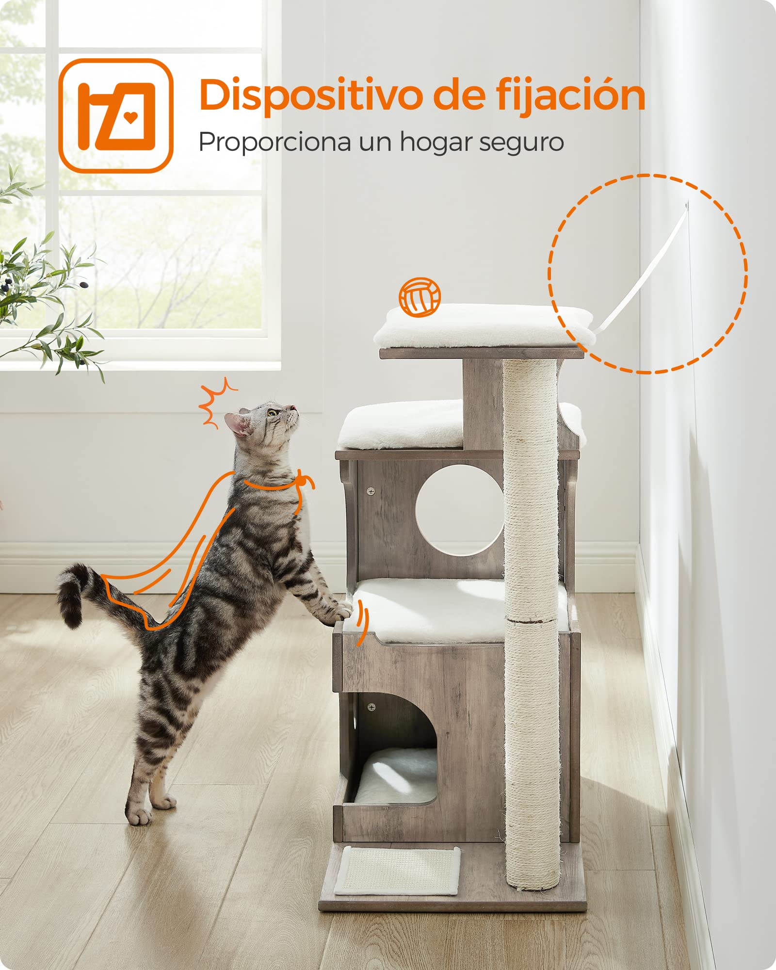Feandrea Árbol de Gatos, Tablero de aglomerado de 86 cm de Altura, con Poste de Sisal, Plataforma, Cubierta de Piel Sintética Lavable, Greige Melange PCT070G01