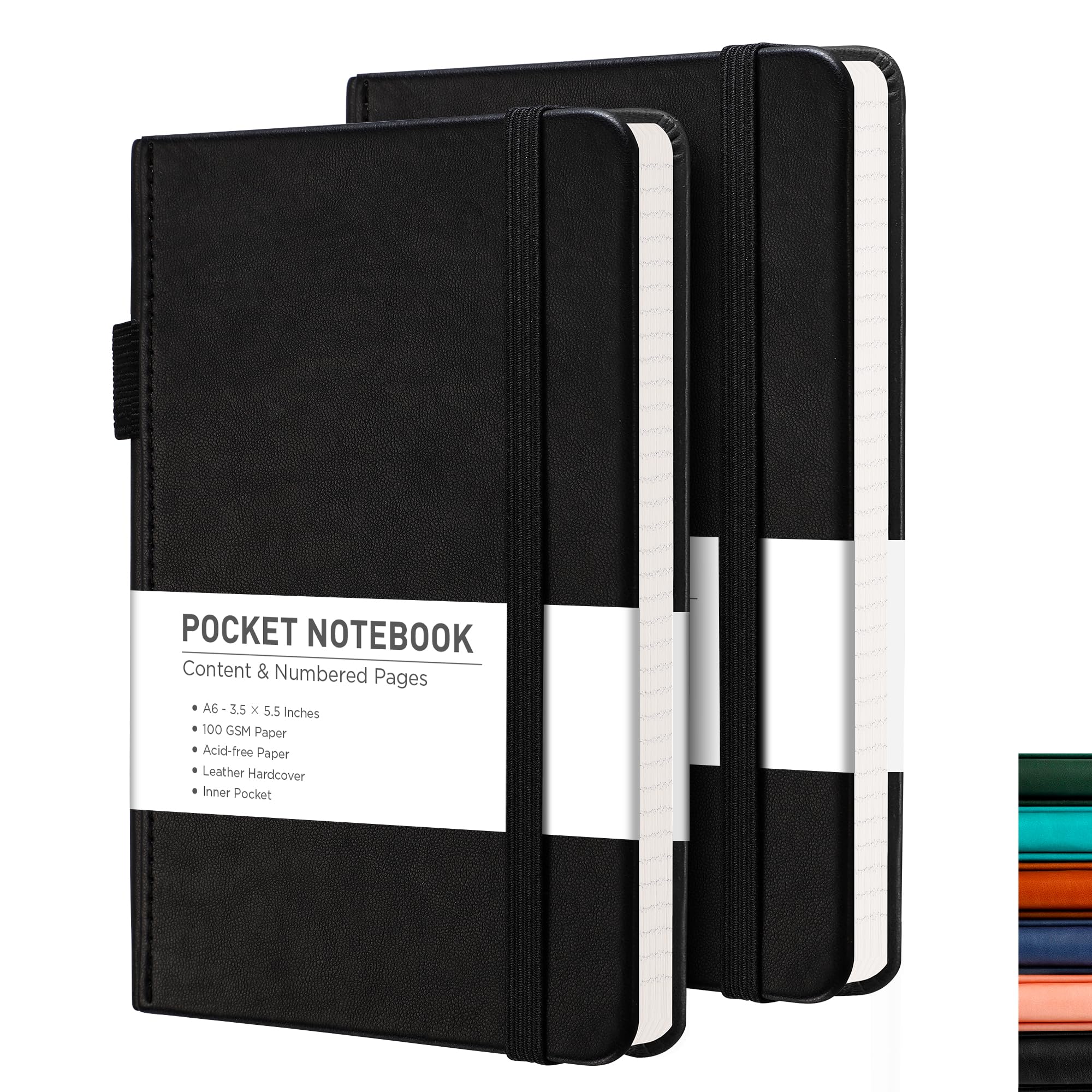 RETTACY Pocket Journal Notebook, 2-Pack, 160 Numbered Lined Pages per Pack, A6 Mini Small Size (3.5" × 5.5"), for Work, Journaling, Leather Hardcover, 100 GSM Thick Paper (Black & Black)