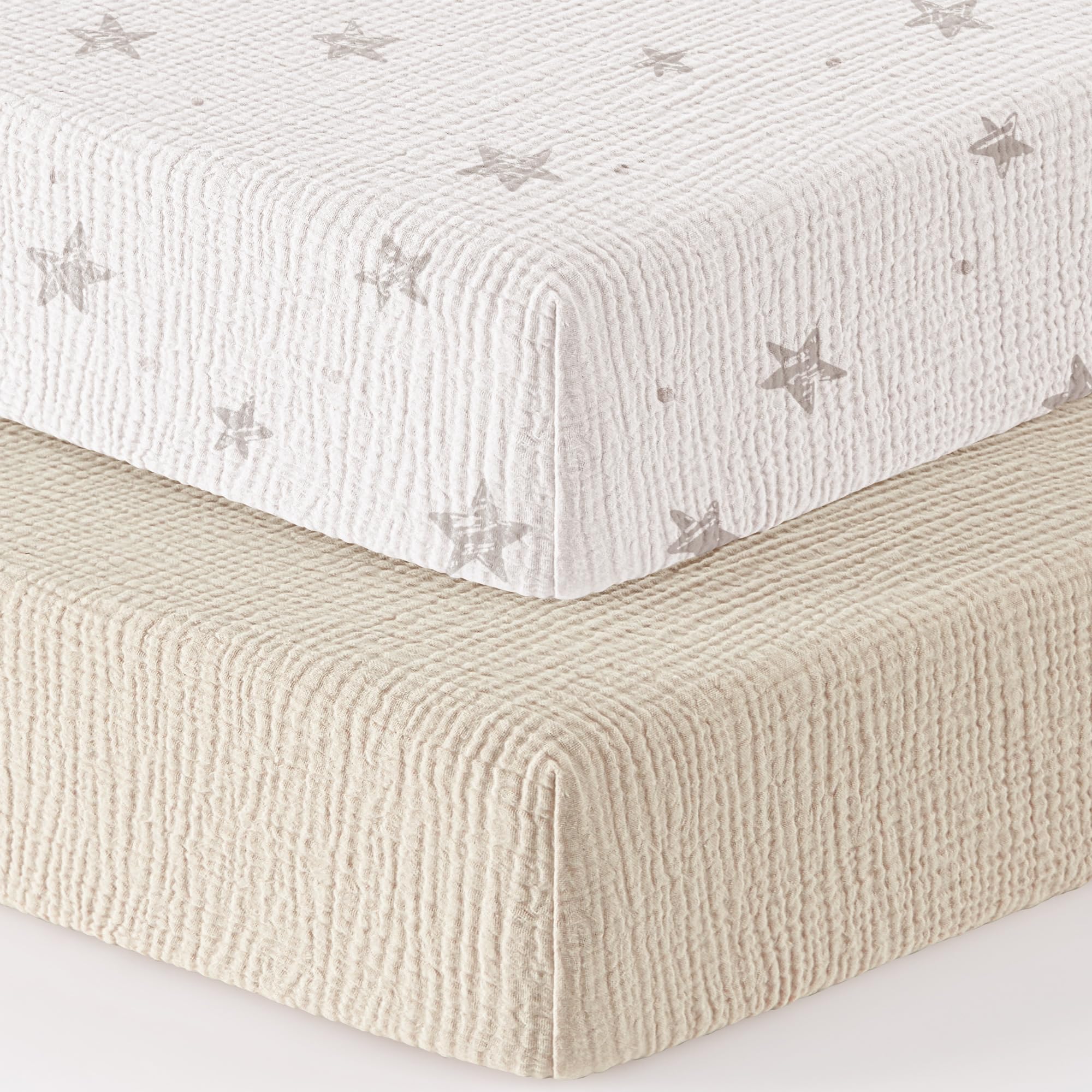 Muslin Pack and Play Sheets Fitted 100% Cotton Mini Crib Sheets for Pack N Play Playard Mattress 38”x26” Snug Crib Mattress Cover for Baby Boys Girls, 2Pack (Cream Star)