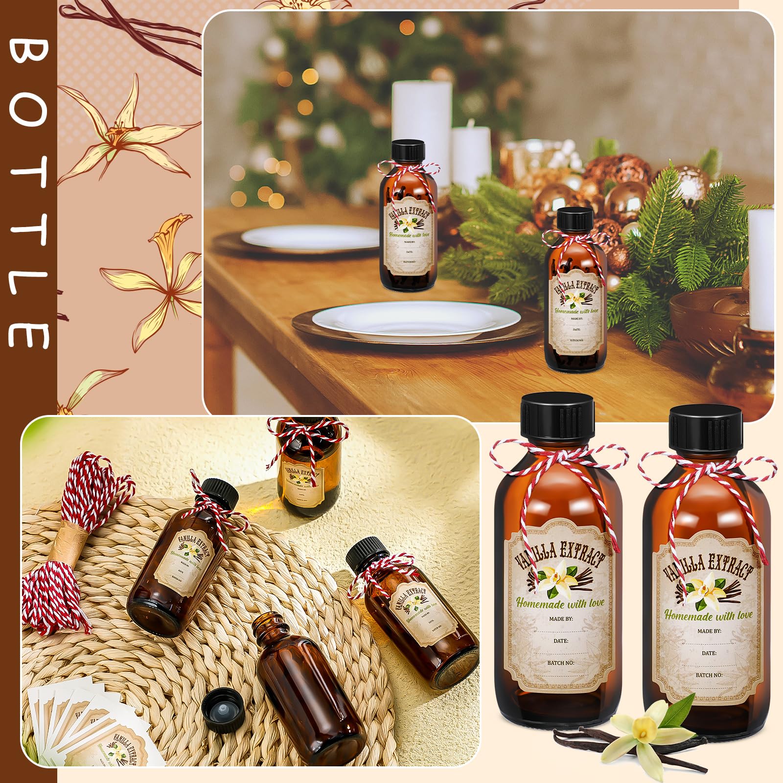 Uiifan Boston Vanilleextrakt-Flaschen, rund, mit Kappen, Glasflasche und 8 Vanilleextrakt-Etiketten, Aufkleber für Sirup, Geschenk, Glas, Lebensmittelbehälter-Set, Saucenbohnen (57 ml), 8 Stück