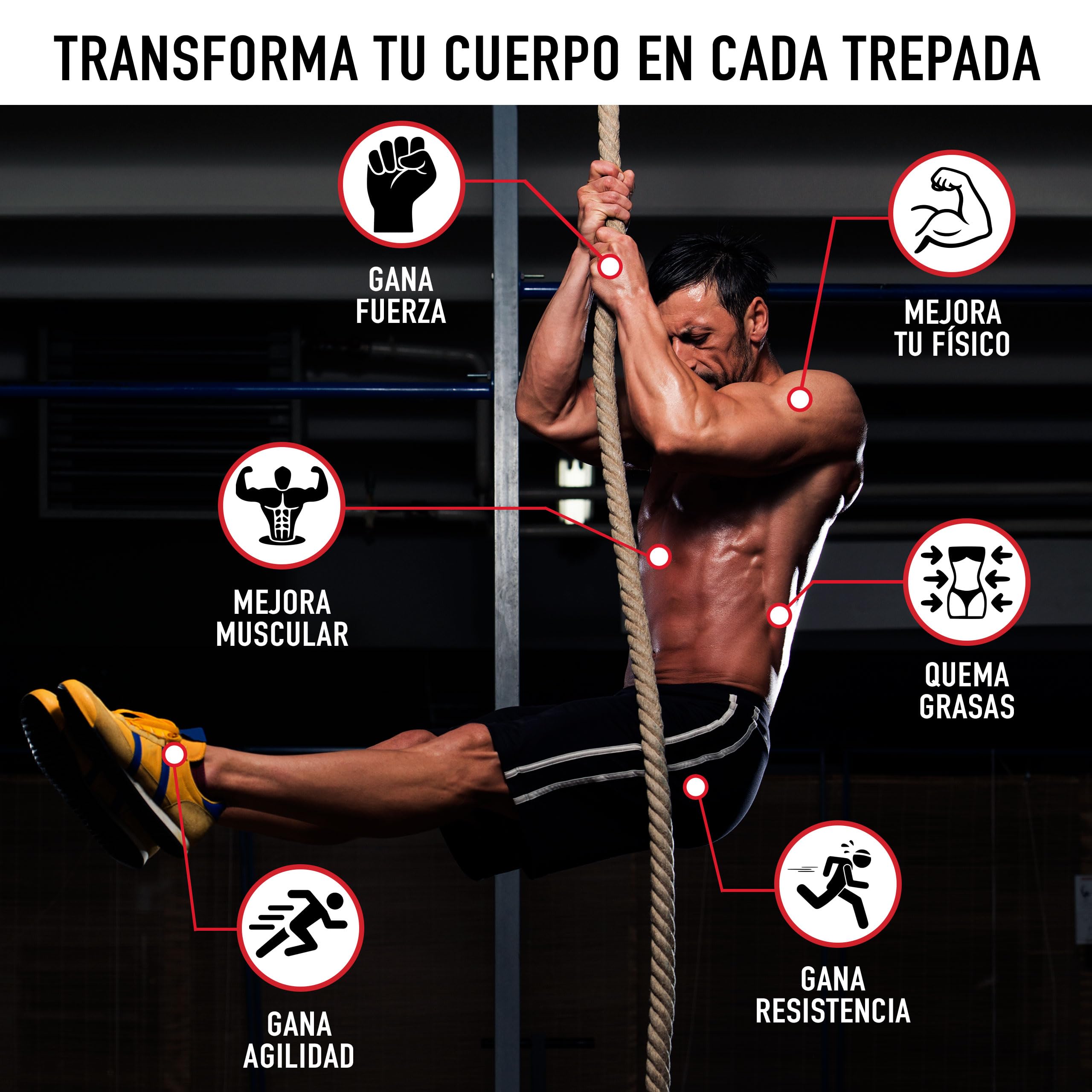 Cuerda para trepar de Yute 38 milímetros, 3-6 Metros – SOGA Crossfit, Batalla o Battle Rope, gimnasios, Bomberos – con Gancho para Aire Libre, Entrenamiento de Fitness y Fuerza
