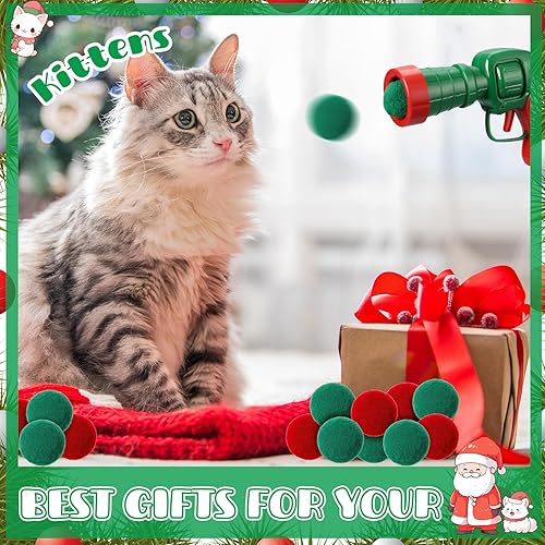 Miniatura 6 de ShinyRelief 102 piezas de juguete lanzador de bolas para gatos con 100 bolas de juguete de peluche para gatos y 2 lanzadores, interactivo de Navidad
