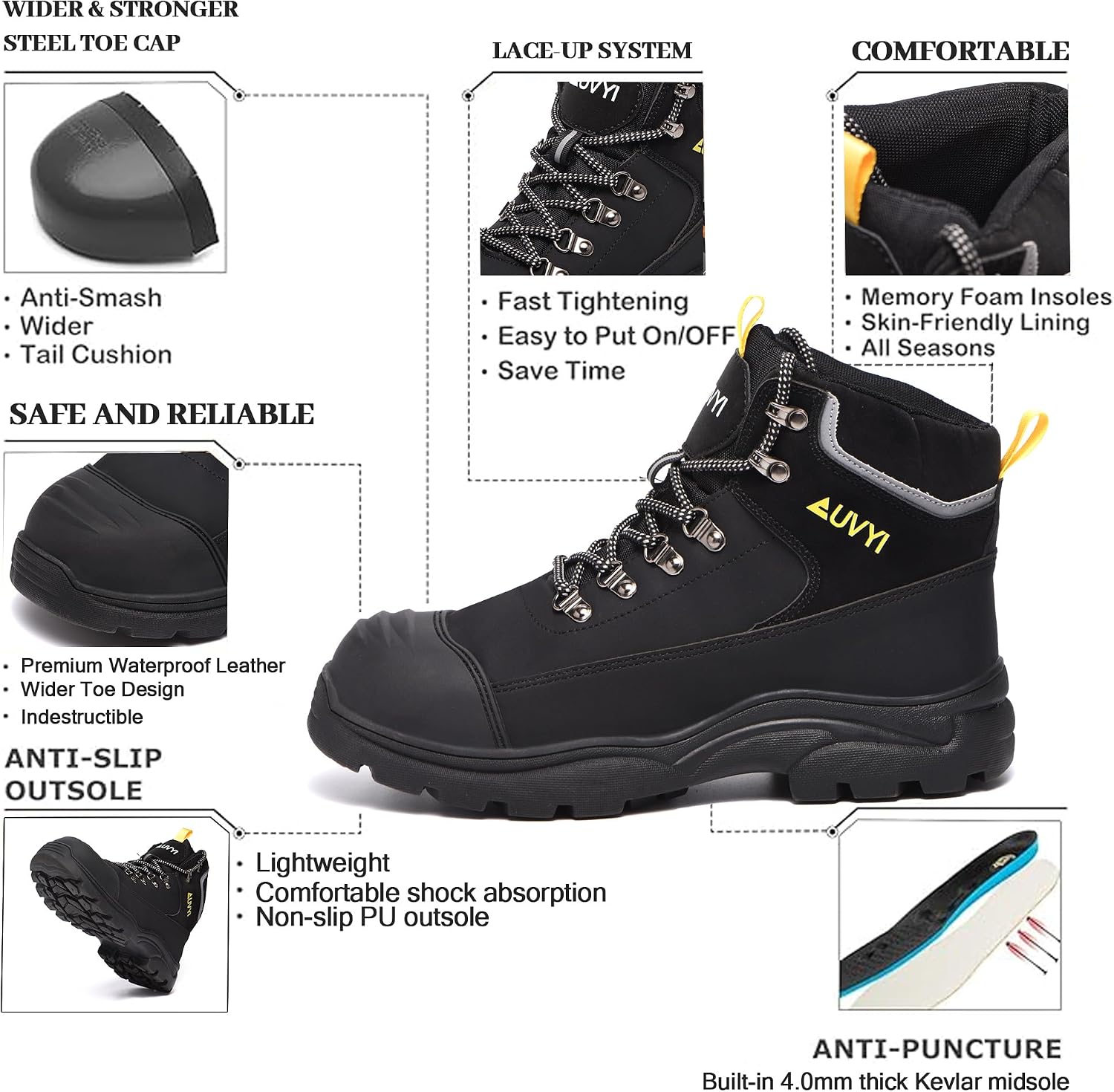 AUVYI Waterproof Work Boots For Men - Steel Toe Boots Comfortable Safety Wide Toe Shoes for Men, Slip Resistant botas de trabajo para hombre Work Shoes for Industrial & Construction