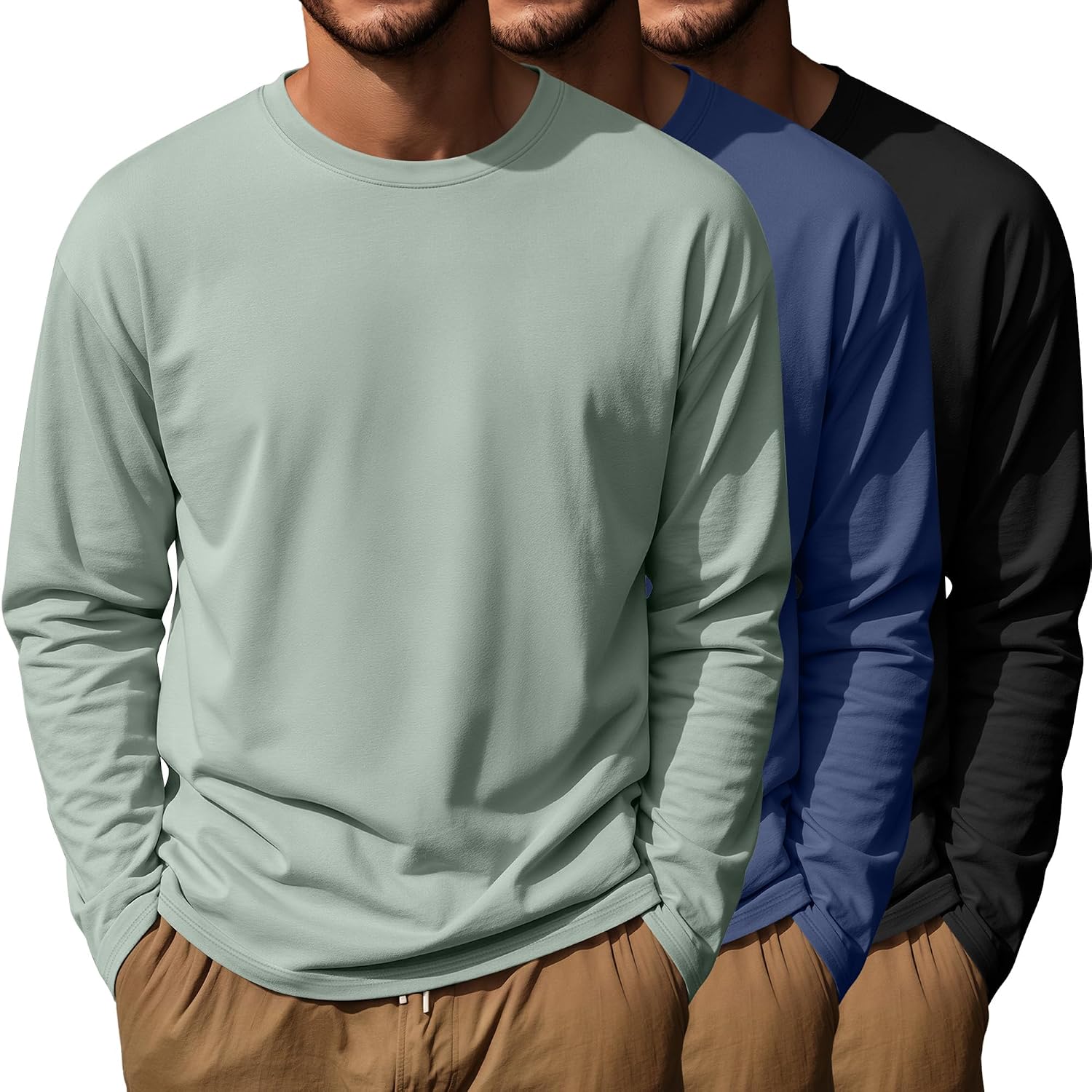 Locoowai 3 Pack Men's Oversized Long Sleeve Crewneck T-Shirts