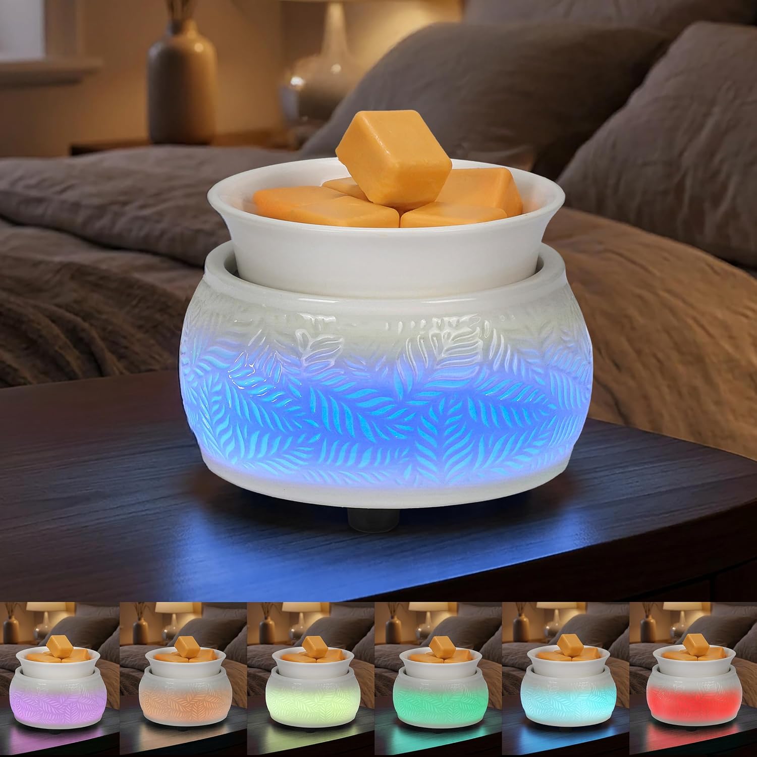 Ceramic Wax Melt Warmer for Scented Wax, 3-in-1 Plug in Electric Candle Diffuser with 7 Color LED Light, Home Decor Gifts
