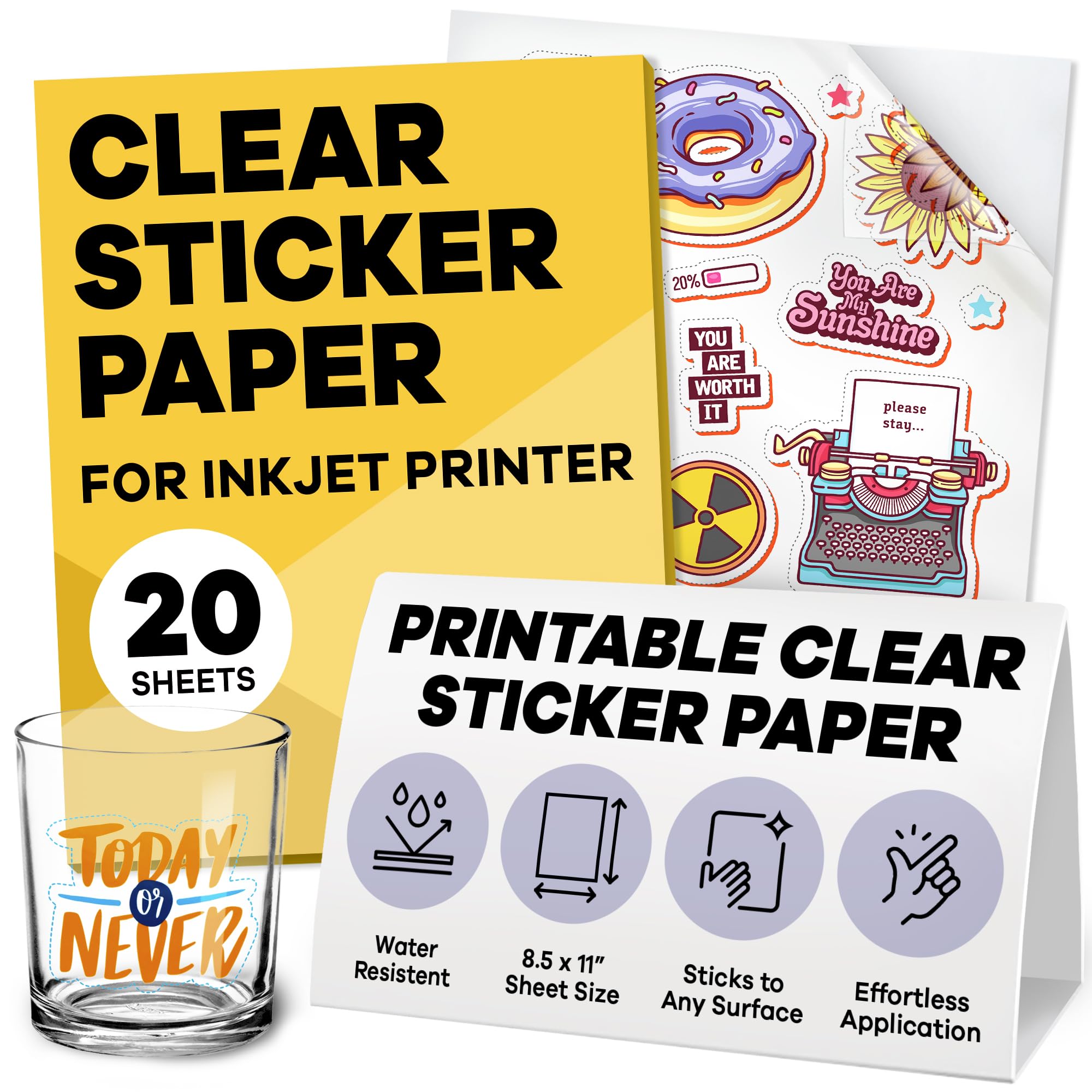 90% Clear Sticker Paper for Inkjet Printer - (40 Sheets), 8.5 x 11 Letter Size, Transparent Glossy, Printable Vinyl, Water-Resistant - Easy to Use for Creative Projects