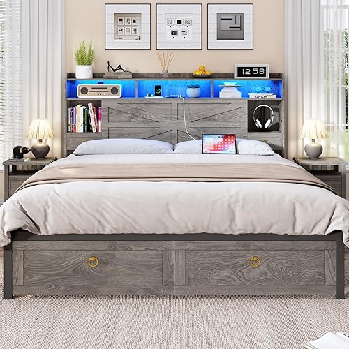 Miniatura 12 de Marcos de cama tamaño King con cabecera de almacenamiento y 4 cajones, marco de cama de plataforma estilo granja con estación de carga y luces LED,