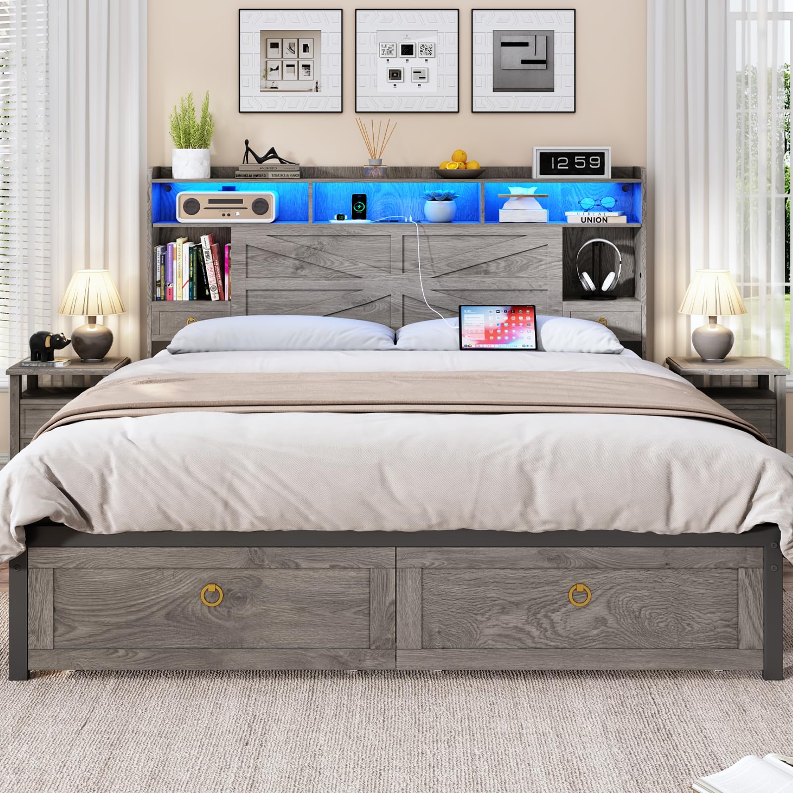 TIGUBFRE King Bed Frame with Storage Headboard and LED Light