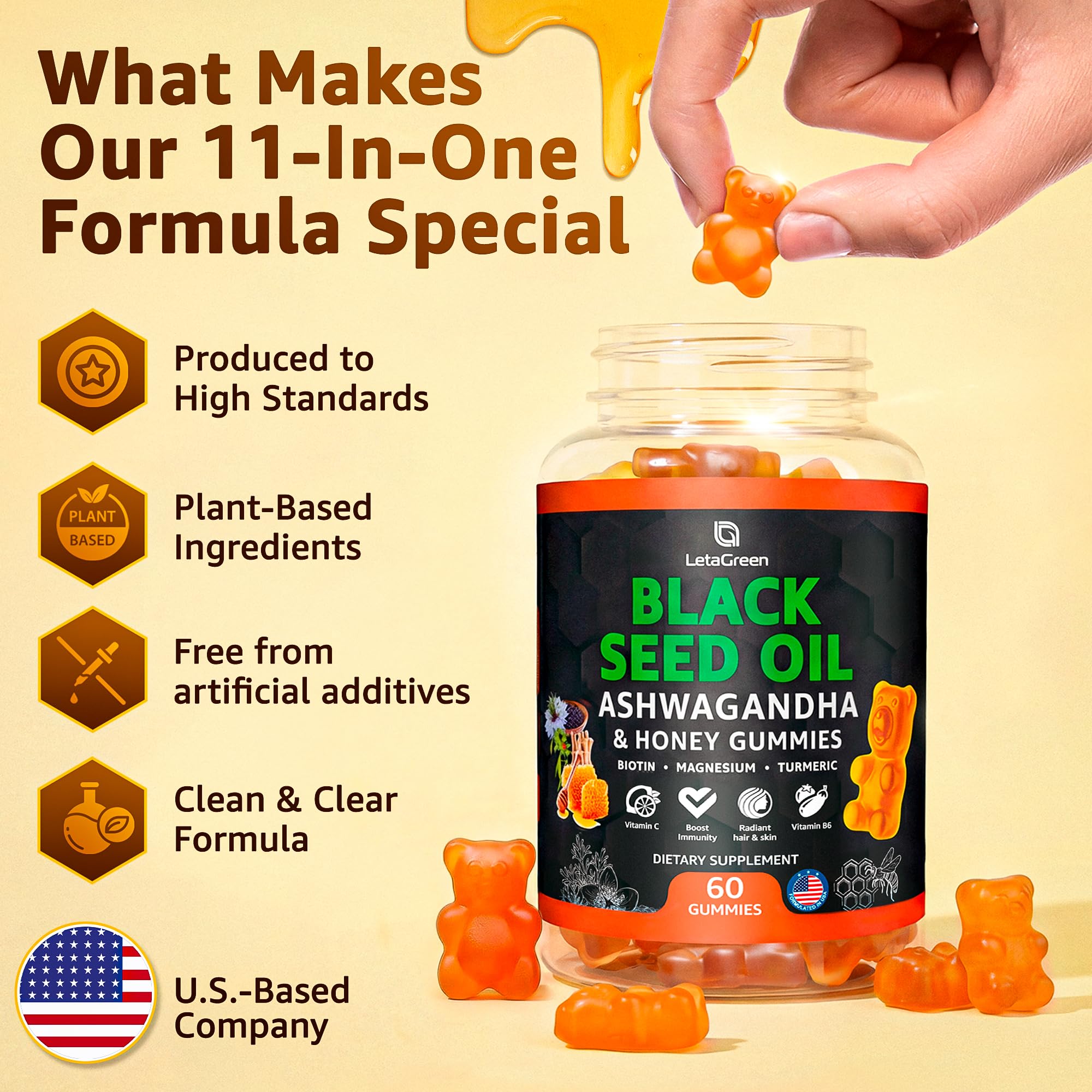 Black Seed Oil Gummies 500mg with Ashwagandha & Apple Cider Vinegar - Immune & Wellness Support Supplement with Vitamin C, Biotin, Turmeric - 60 Organic Gummy Bears for Hair & Skin — Amazon image 8