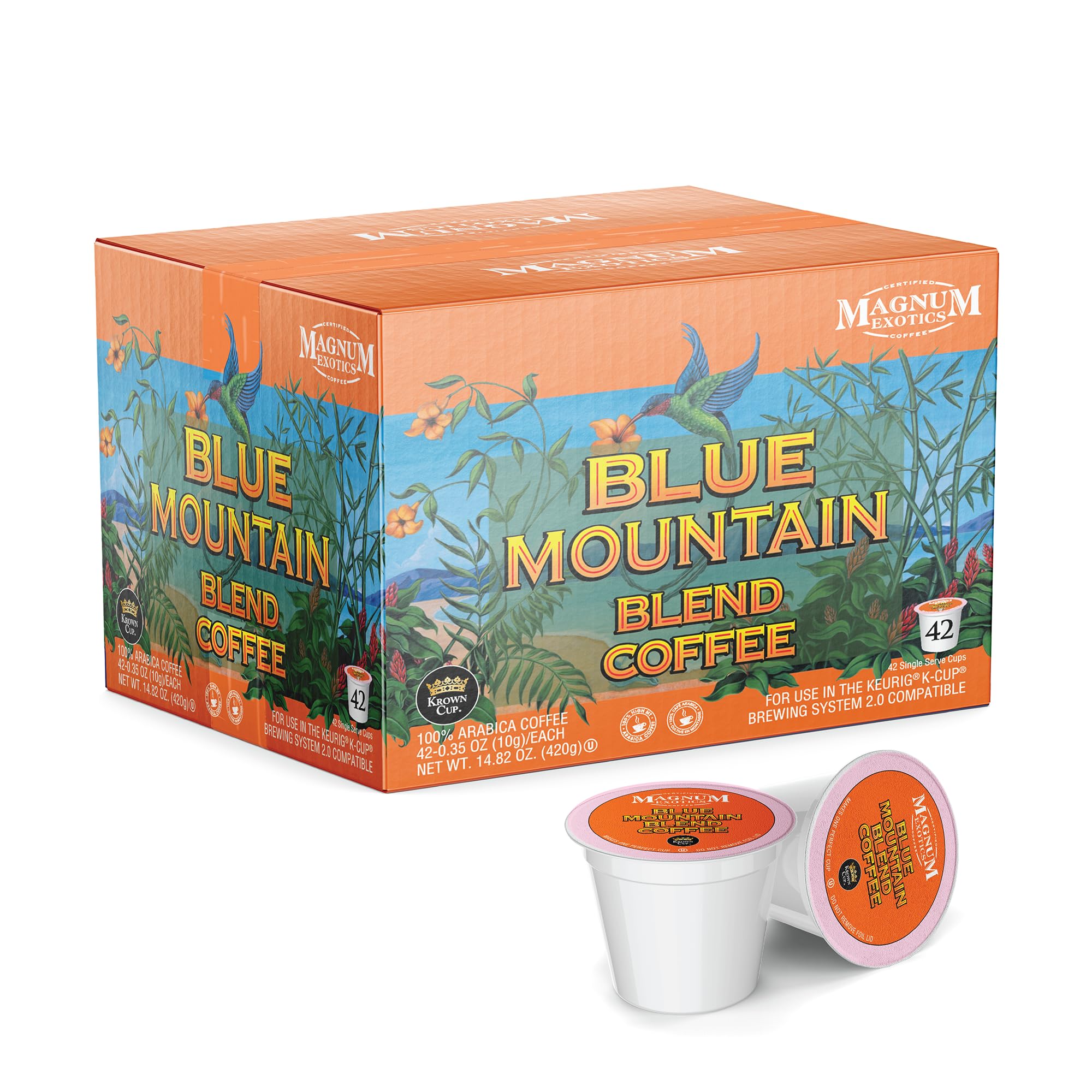 Magnum Exotics Coffee, Blue Mountain Blend - Light-Medium Roast, Ground Coffee Pods, Single Serve, Made With 100% Arabica Beans, Freshly Roasted, Mild Acidity - 42 Count (Pack of 1)