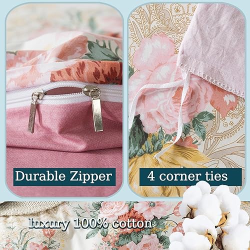 Miniatura 3 de Zusbest Juego de funda de edredón floral Shabby tamaño Queen, 100% algodón, ropa de cama de flores rosas, ropa de cama retro rosa con estampado