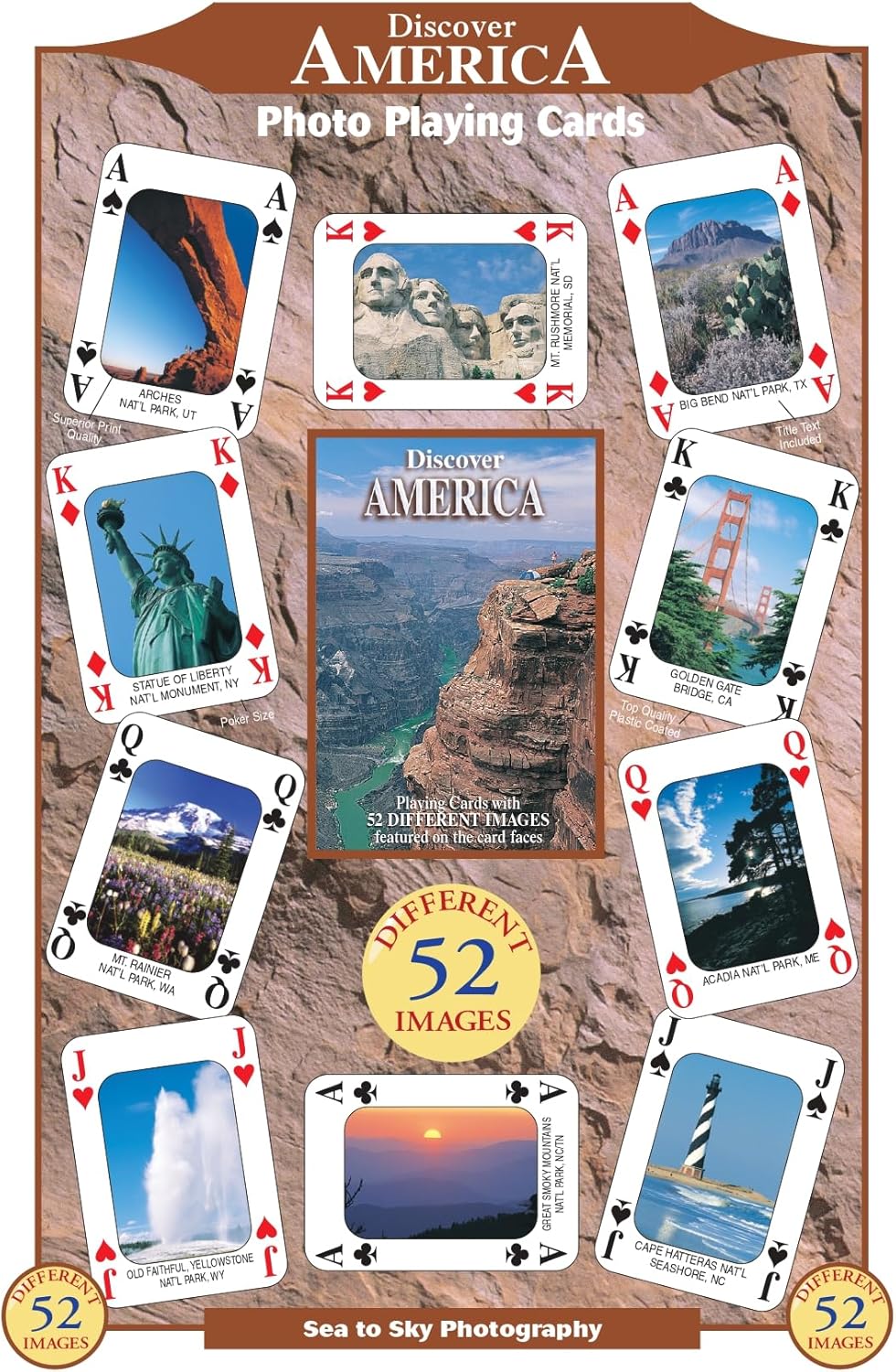 Signs-unique SEA and SKY Discover America Playing Cards - 52 Images - Pack of 1 - All Ages - Educational Playing Cards