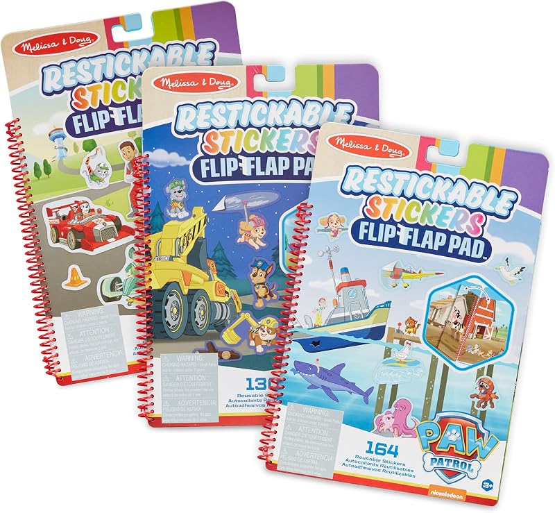 Melissa & Doug PAW Patrol Restickable Stickers Flip-Flap Pad 3-Pack – Classic Missions, Adventure Bay, Ultimate Rescue