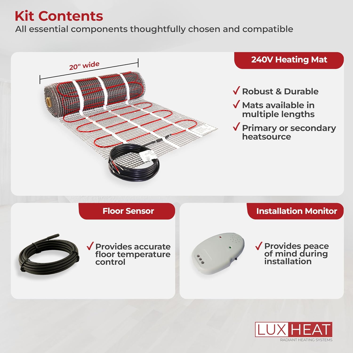 LuxHeat 40sqft Floor Heating Mat Kit - 240v Electric Radiant Underfloor Heating System w/Self-Adhesive Mesh - Easy to Install Heated Flooring System Includes Monitor & Sensor - Excludes Thermostat