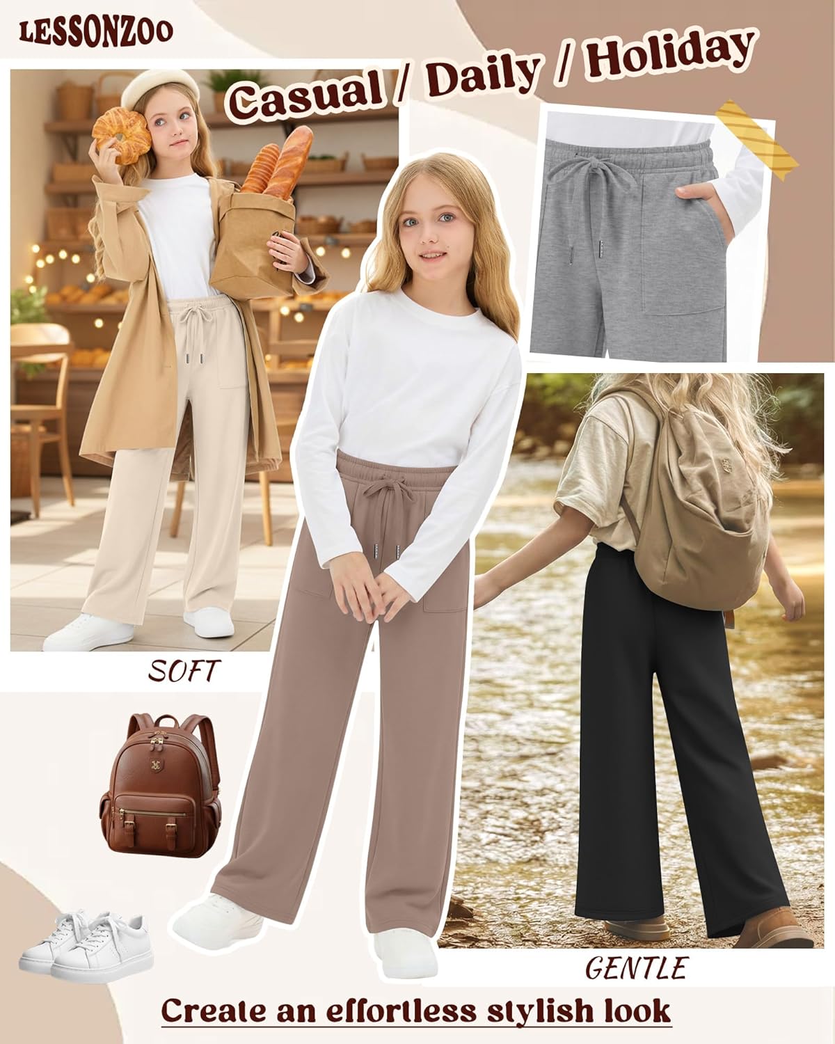 4 Pack Girls' Wide Leg Pants Drawstring Baggy Sweatpants Teen Loose Open Bottom Joggers with Pockets 5-16 Years
