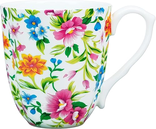 Taza floral de porcelana de hueso de 14 onzas, taza de café floral para mujeres y hombres, taza de té de café de porcelana de hueso con asa cómoda,