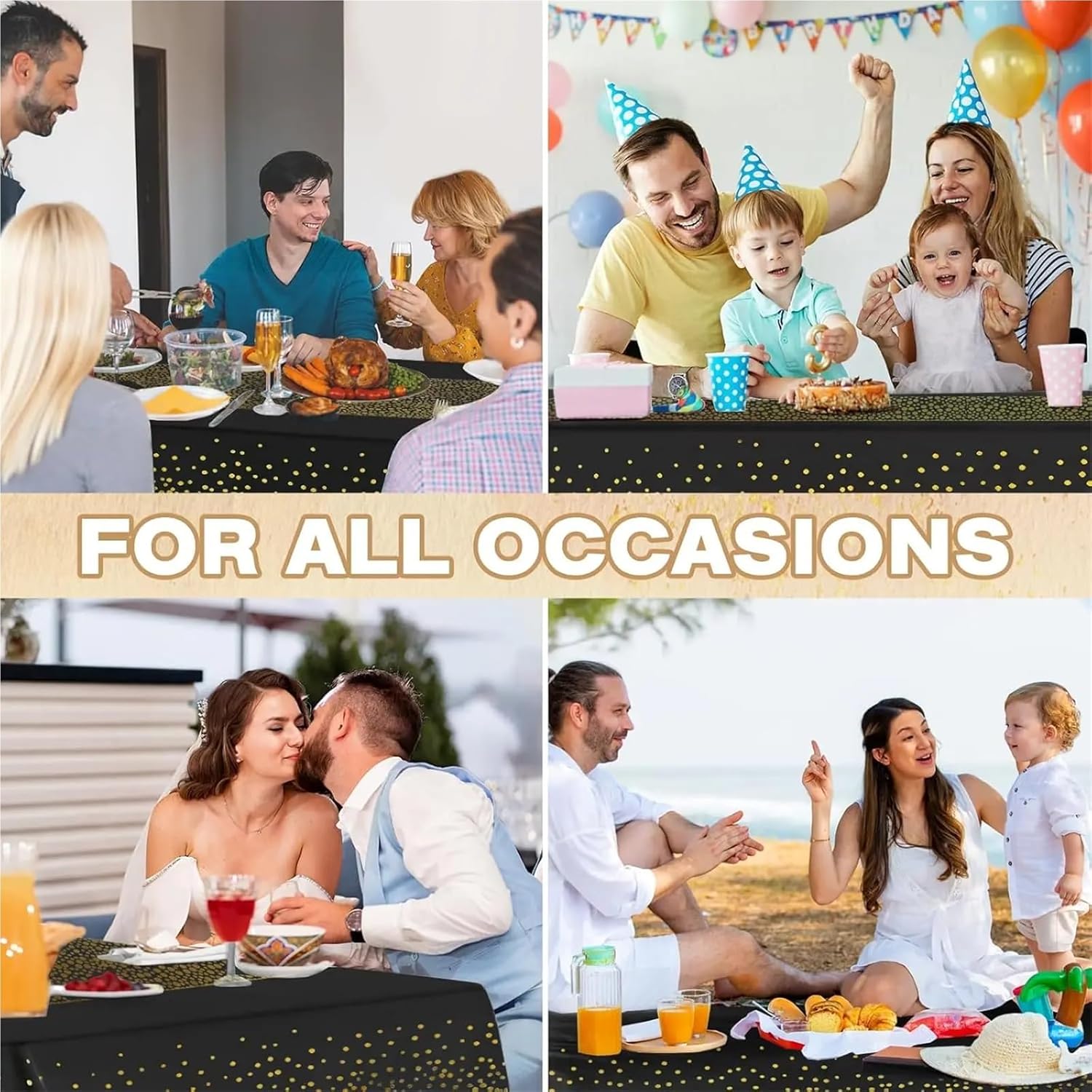 Black and Gold Round Tablecloth 4/8/16pcs Table Cloth Plastic Tablecloths Party Cover for Graduations Birthday Thanksgiving Holloween Wedding Outdoor(8pcs)