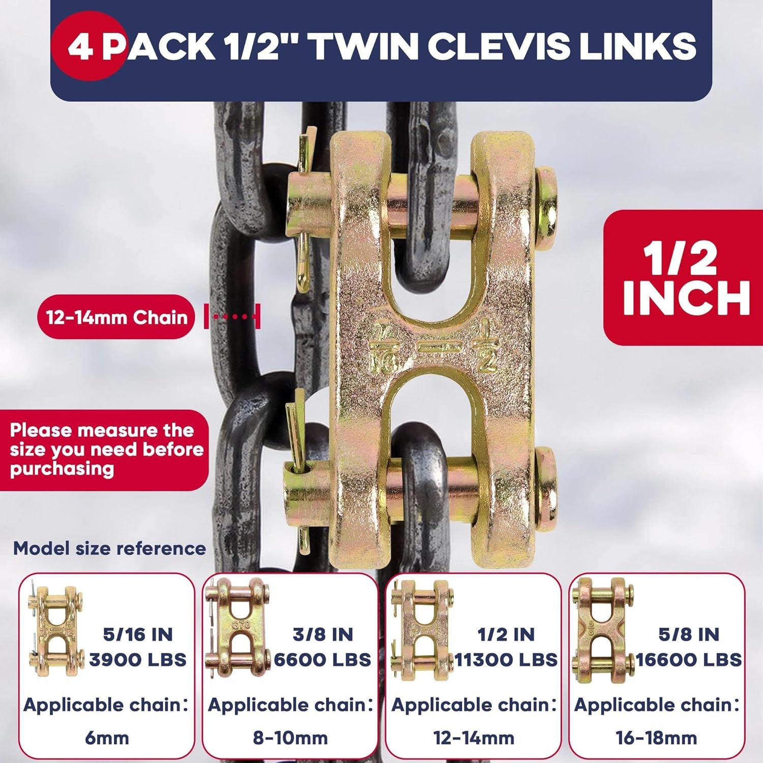 1/2 Inch Safety Chain Repair Link 4 Pack,G70 Alloy Steel Double Clevis Chain Connector Link, 1/2 Inch Twin Clevis Link for Safety Chain Link Repair, 11300 lbs Working Load Chain Connectors - Image 6