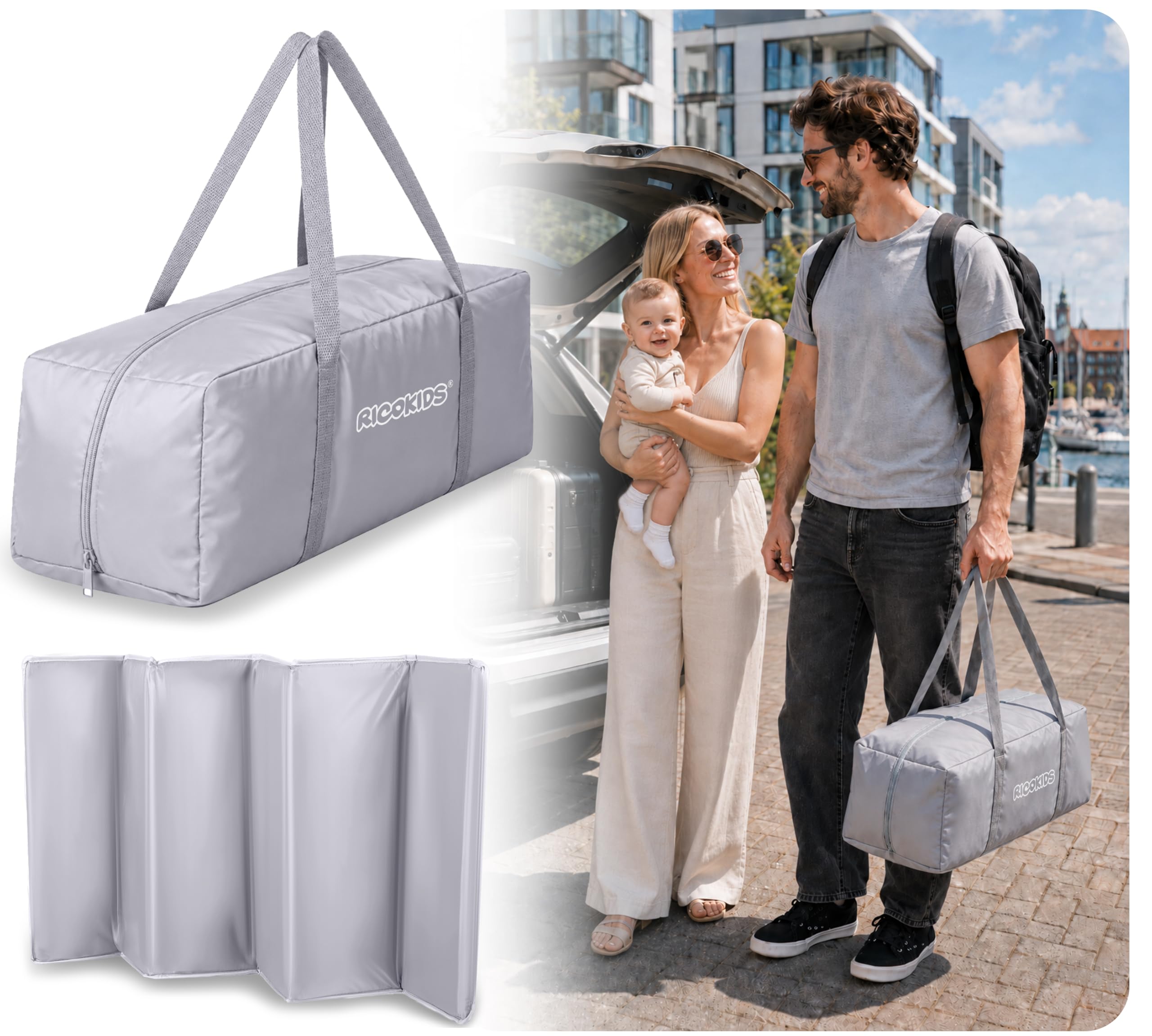 Ricokids Łóżeczko turystyczne dla niemowląt z materacem 123,5 x 65 x 76 cm do 15 kg 2 koła z hamulcami Szare