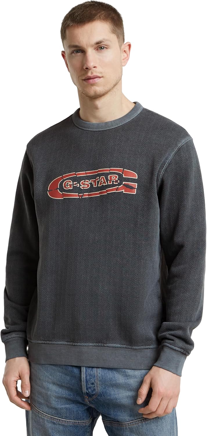 G-STAR Raw – Mens Destroyed G Logo Washed Sweatshirt, Color Dk Black Gd, Size: Small