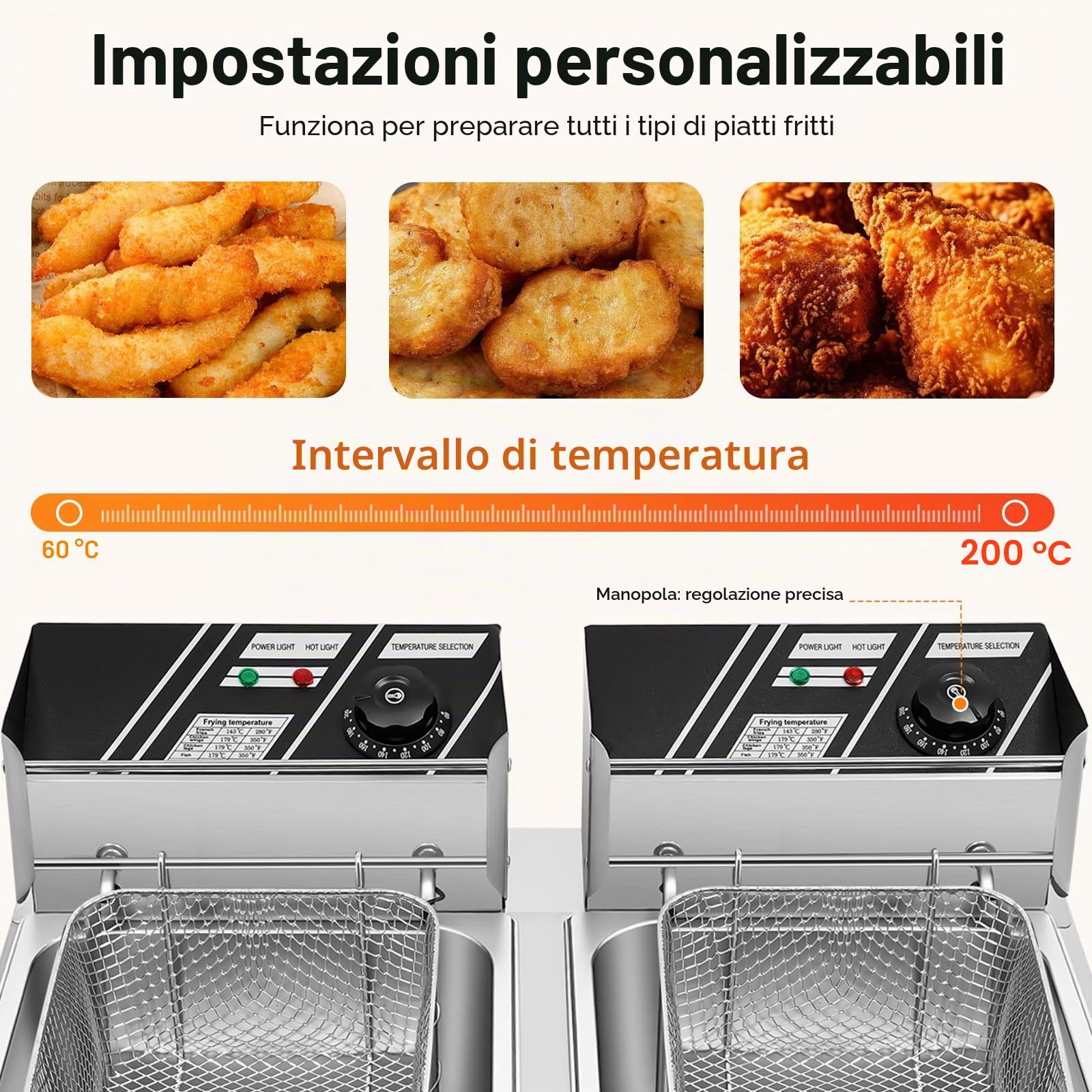 Friggitrice Elettrica Commerciale 2 Vasche da 12 L 2,5 KW Friggitrice ad Olio in Inox con 2 Cesti per Friggitrice e Tempo Regolabile 60-200 °C per Rondelle di Cipolla fritta di Pollo Snack Bar