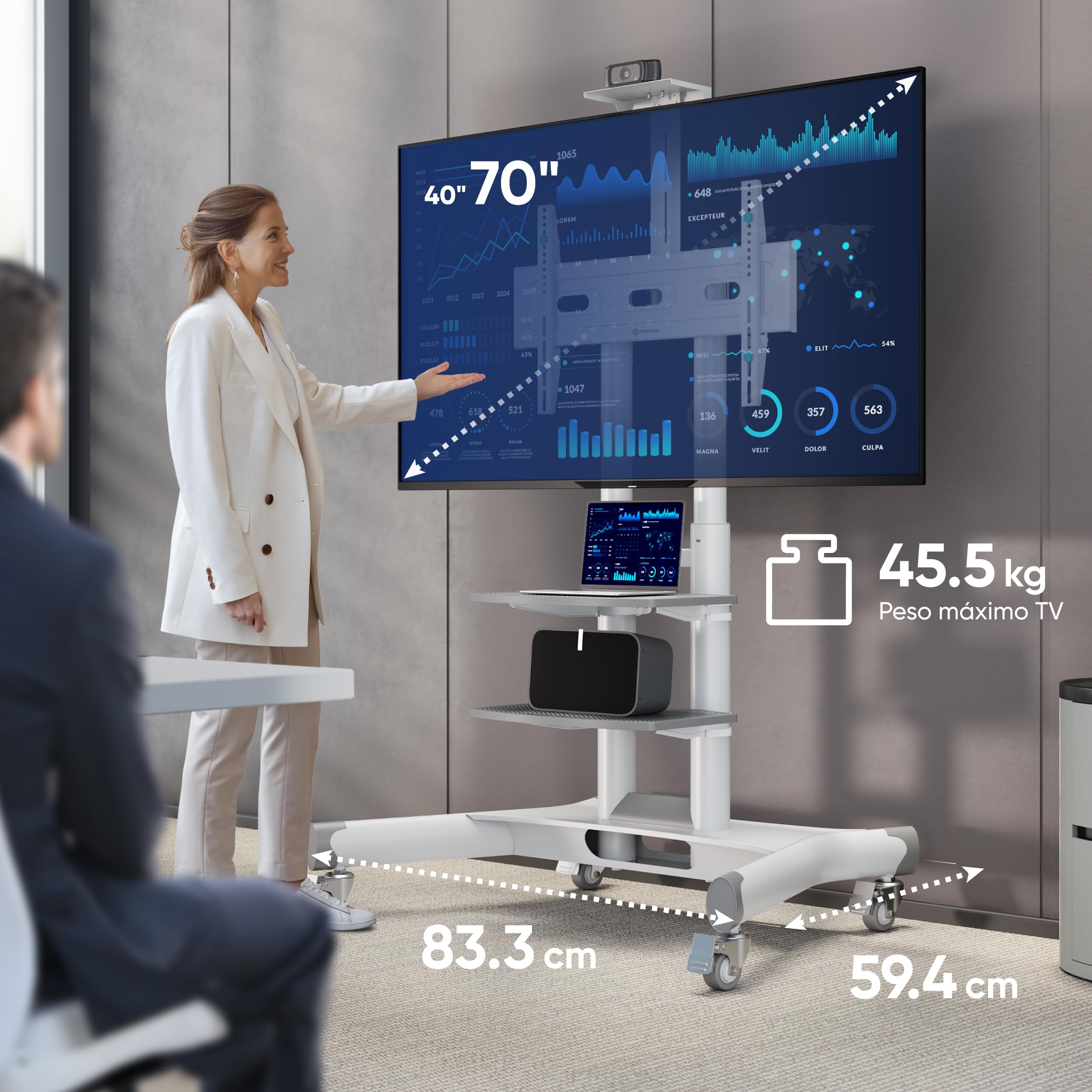 ONKRON Soporte TV Ruedas 40-70 Pulgadas, Carga Total 60.5 kg, VESA 100x100-600x400 mm, Soporte TV Pie Altura Ajustable con 2 Estantes, Pie Television Móvil con Ruedas Bloqueables, Blanco TS1552-W