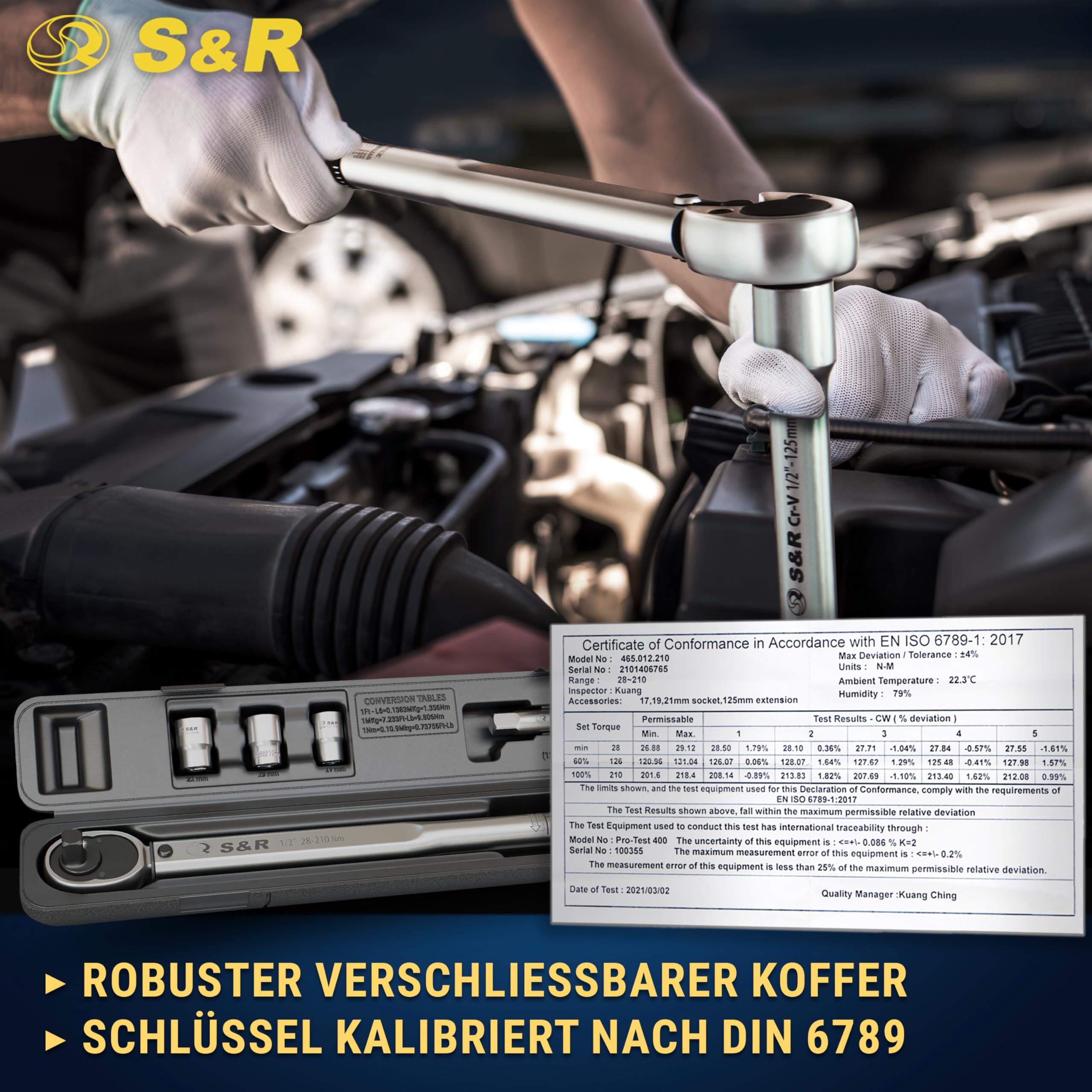S&R 1/2 Zoll Drehmomentschlüssel Auto Set 28-210 Nm, Drehmomentschlüssel Motorrad 475 mm, Verlängerung 125 mm, 3 Stecknüsse 17, 19, 21 mm; Kfz Reifenschlüssel TÜV geprüft GS bruchfest Nüsse